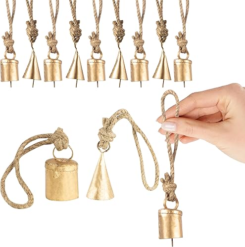Miniatura 2 de JYPR 20 campanas de Navidad rústicas de metal  Campanas doradas antiguas hechas a mano de 1.6 in, campanas de vaca colgantes en cuerda de yute