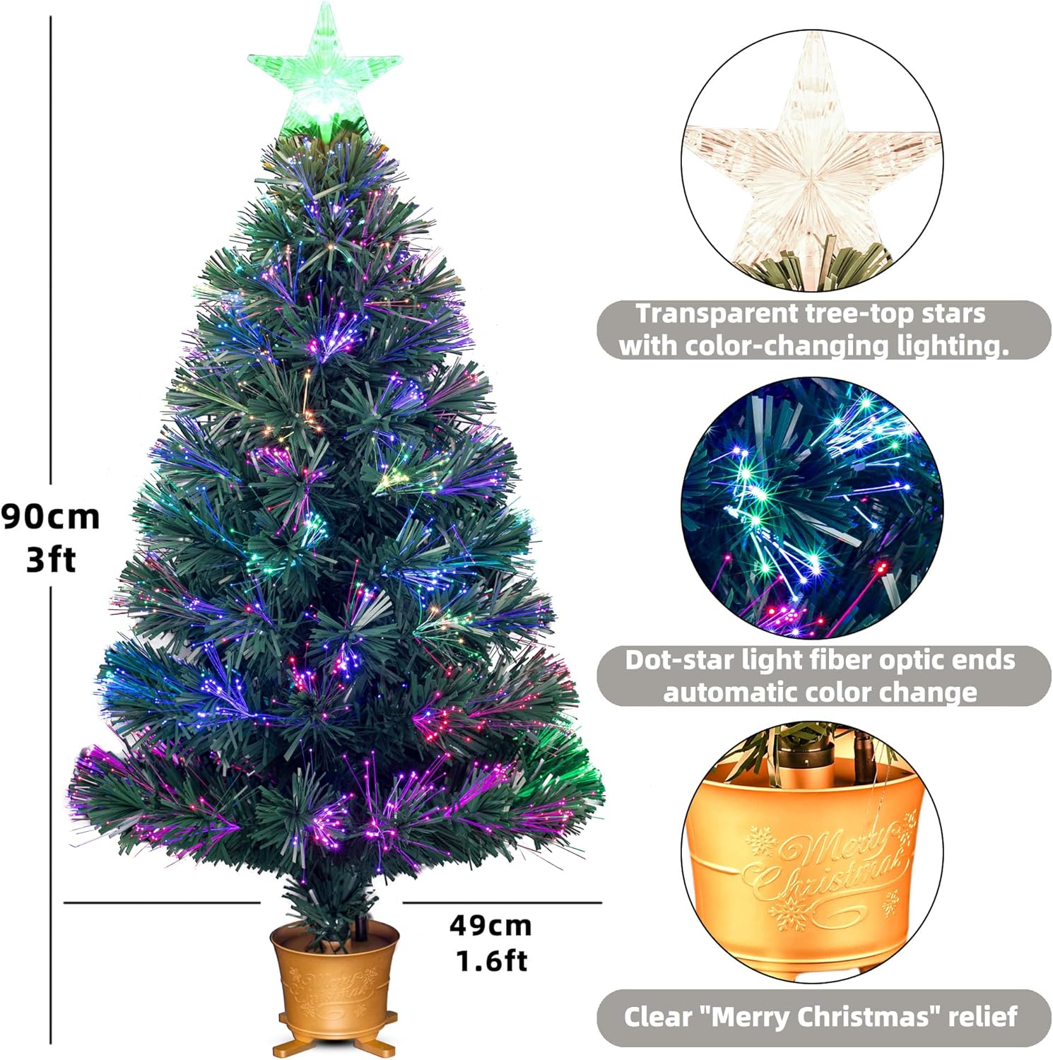3ft Pre-lit Mini Fiber Optic Tabletop Artificial Christmas Tree，Small Xmas Tree Topper with Stars Decorations-Transparent