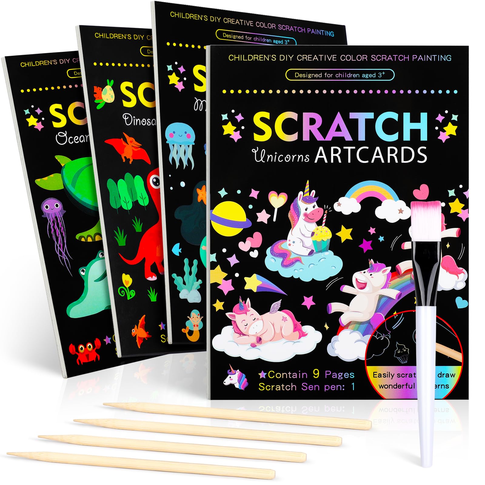 Hovetne4 Pack Scratch Art for Kids, Magic Rainbow Scratch Art Book Doodle Drawing Papers for Children, Foil Art Handmade Arts and Crafts Educational Toys for 4 5 6 7 8 9 10 Years Old