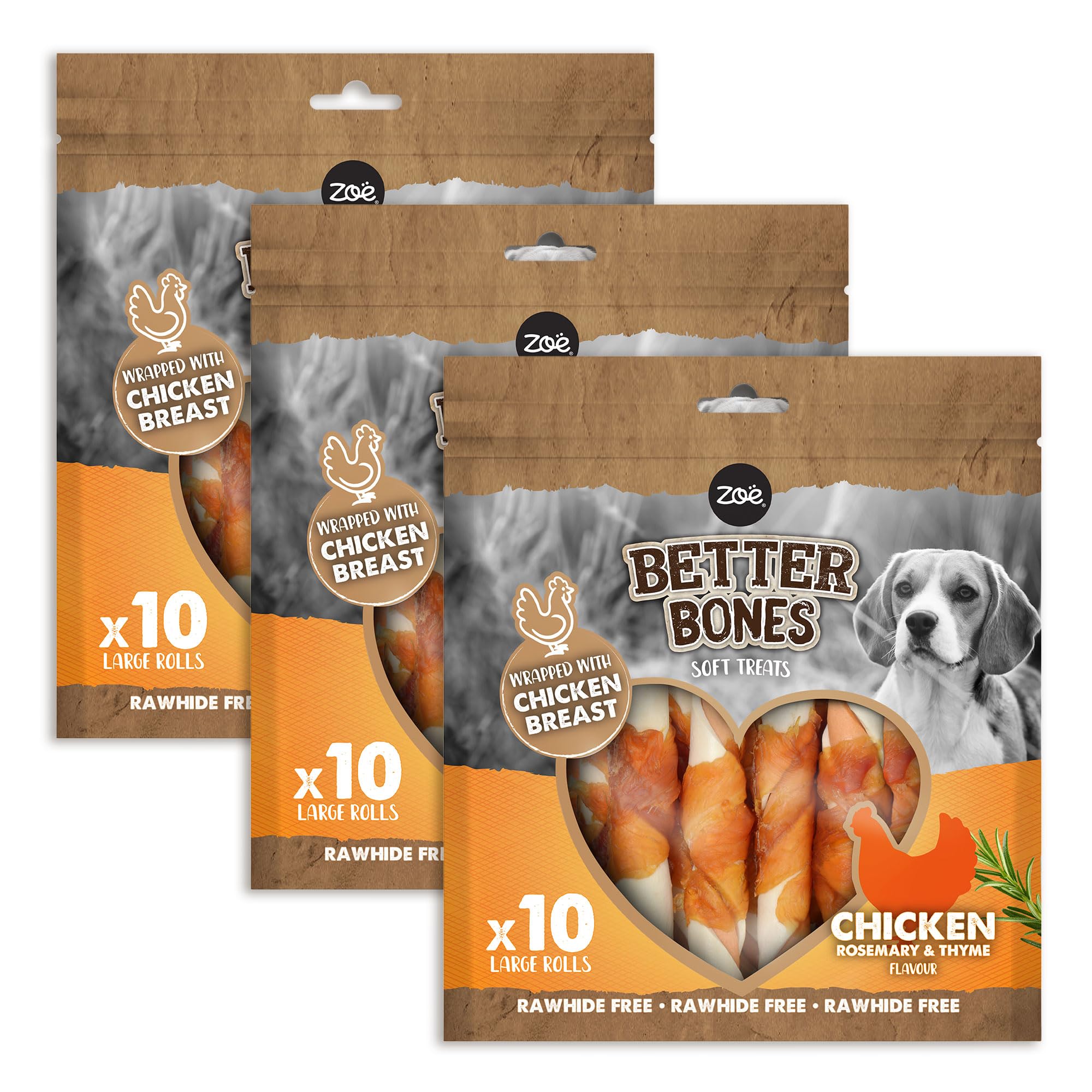 Zoë Better Bones Soft Dog Treat Chews, Pouch of Rawhide-Free, Dog Training Chews Wrapped with Chicken Breast - Chicken Flavour, 3 Bags of 10 pcs