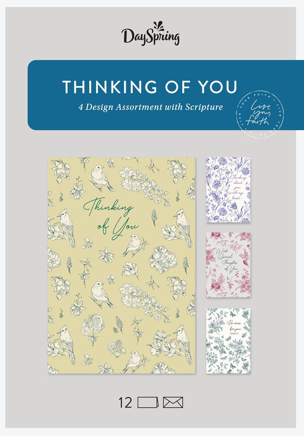 DaySpring - Thinking of You Floral Cards - 4 Design Assortment with Scripture - 12 Boxed Cards & Envelopes (J7450),Multi