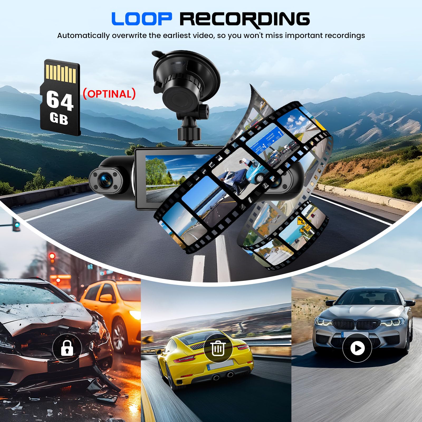 CAMECHO 4 Canales Dashcam 2K Cámara integrada Delantera, Izquierda, Derecha y Trasera con WiFi GPS, Rotación 360° Pantalla Dashcam 3 Pulgadas, Grabación en Bucle, Visión Nocturna, Sensor G