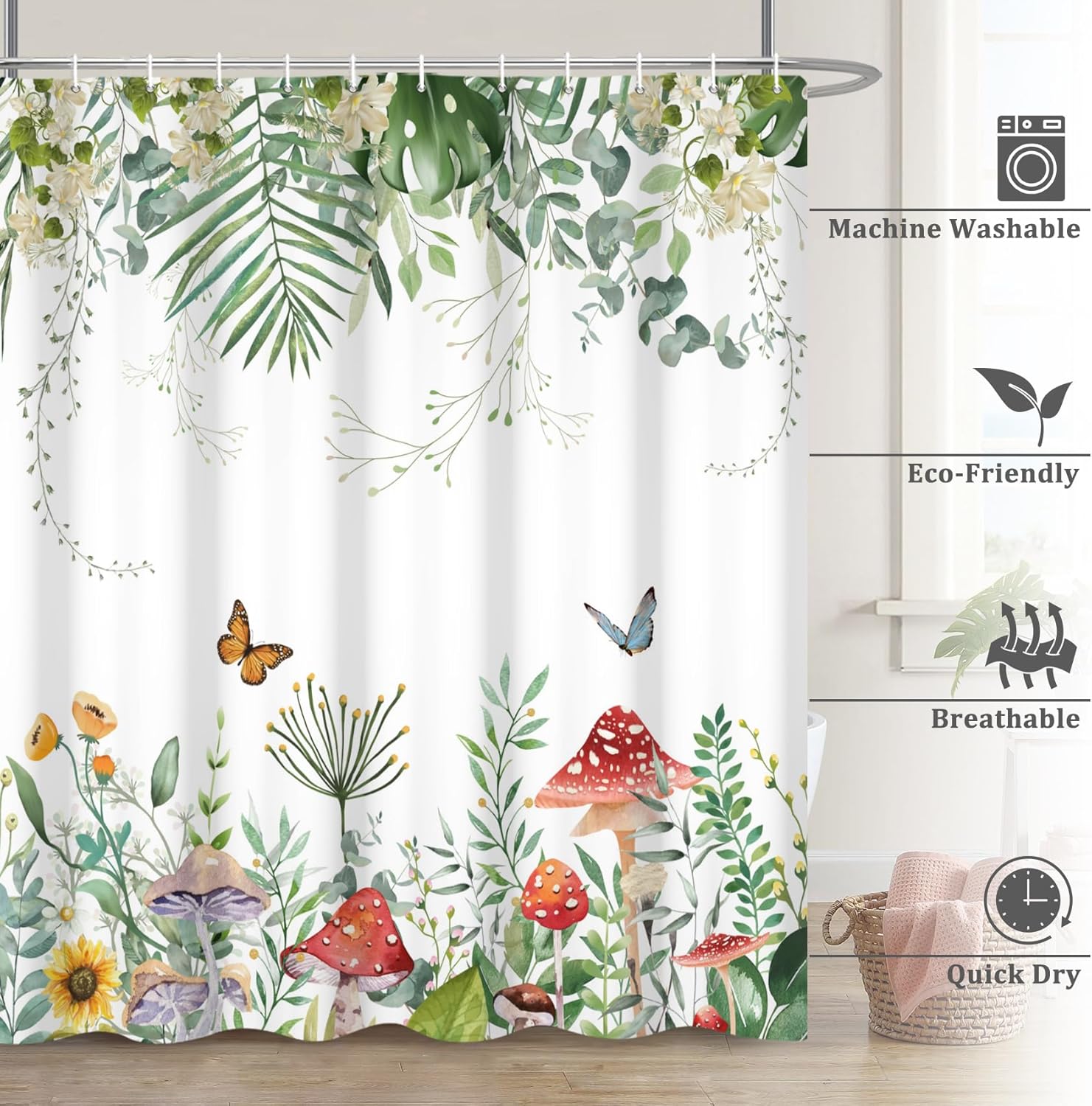 Renaiss 72 x 78 Inch Green Plant Shower Curtain Red Mushroom Butterfly Flowers Hanging Plam Eucalyptus Leaf Shower Curtains Set Bathroom Decor Waterproof Washable Polyester Fabric with Plastic Hooks