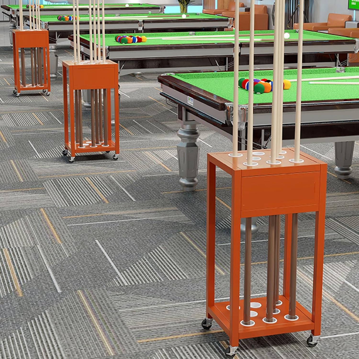 Billiard Game Room Storage Cart,Pool Cue Stand Floor with Armrests, Stick Rack for Home,Holds 8 Sticks(Orange)