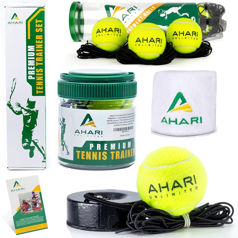 Juego de entrenador de tenis premium, reboteador profesional con base de metal en un cilindro de transporte, 3 pelotas de rebote de repuesto y pulsera, equipo de práctica de tenis portátil para entrenamiento en solitario