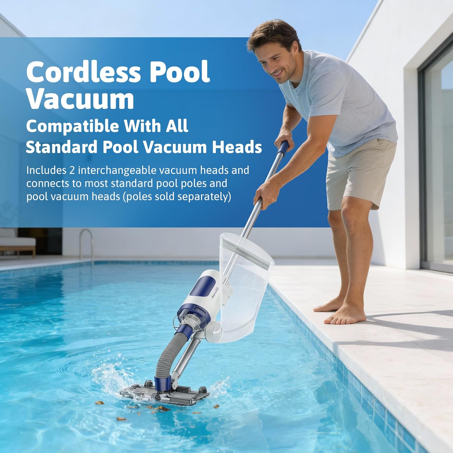 Aqua EZ RPV901 Ultra-Powerful Rechargeable Pool Vacuum – Cordless, Consistent Runtime, Works in All Pools, Includes 2 Vacuum Heads, Compatible with All Standard Vac Heads, Attaches to Any Pool Pole