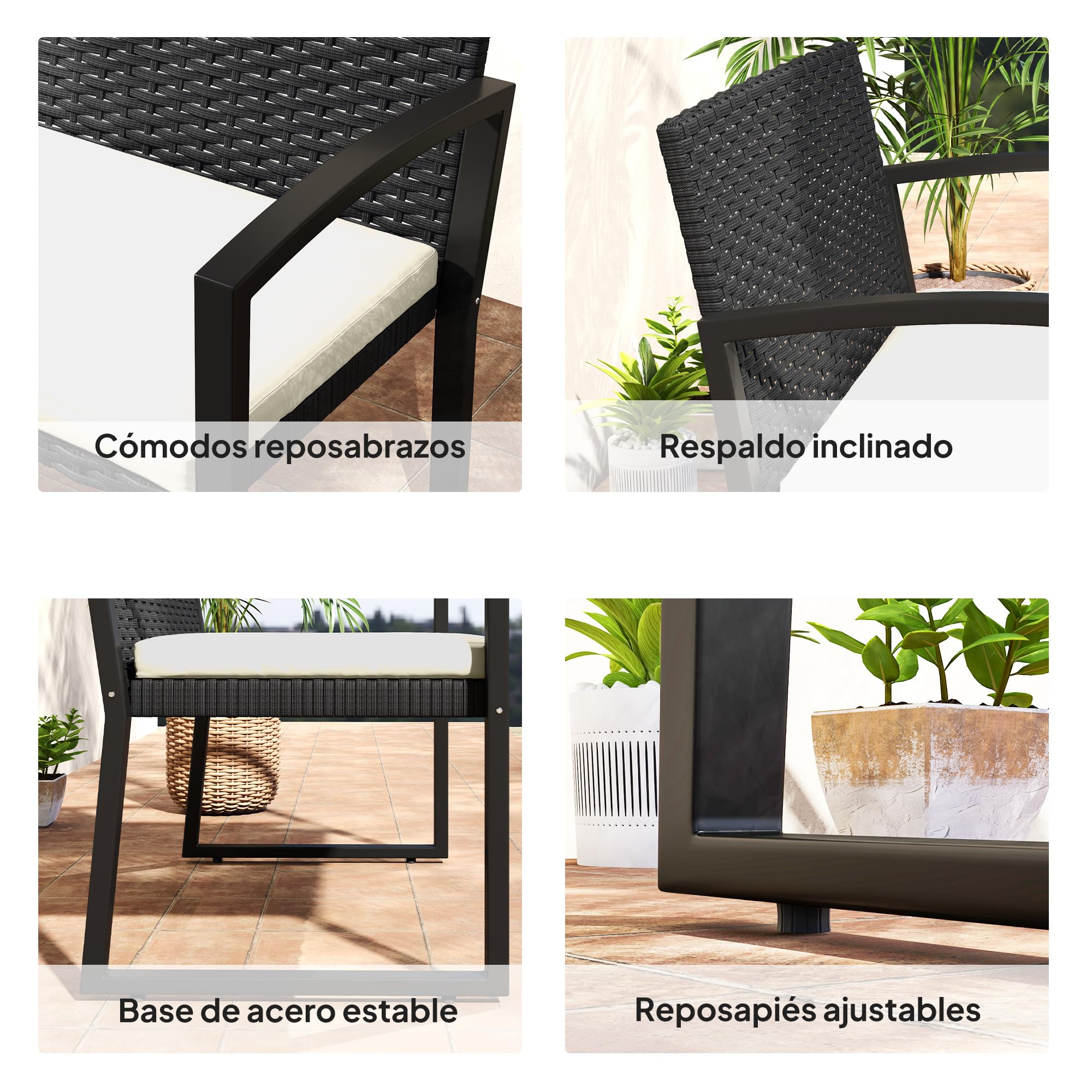 Outsunny Banco de Jardín de Ratán Sintético de 2 Plazas Banco de Exterior con Cojín y Reposabrazos Carga 240 kg para Terraza Patio 103x58x78 cm Negro y Beige