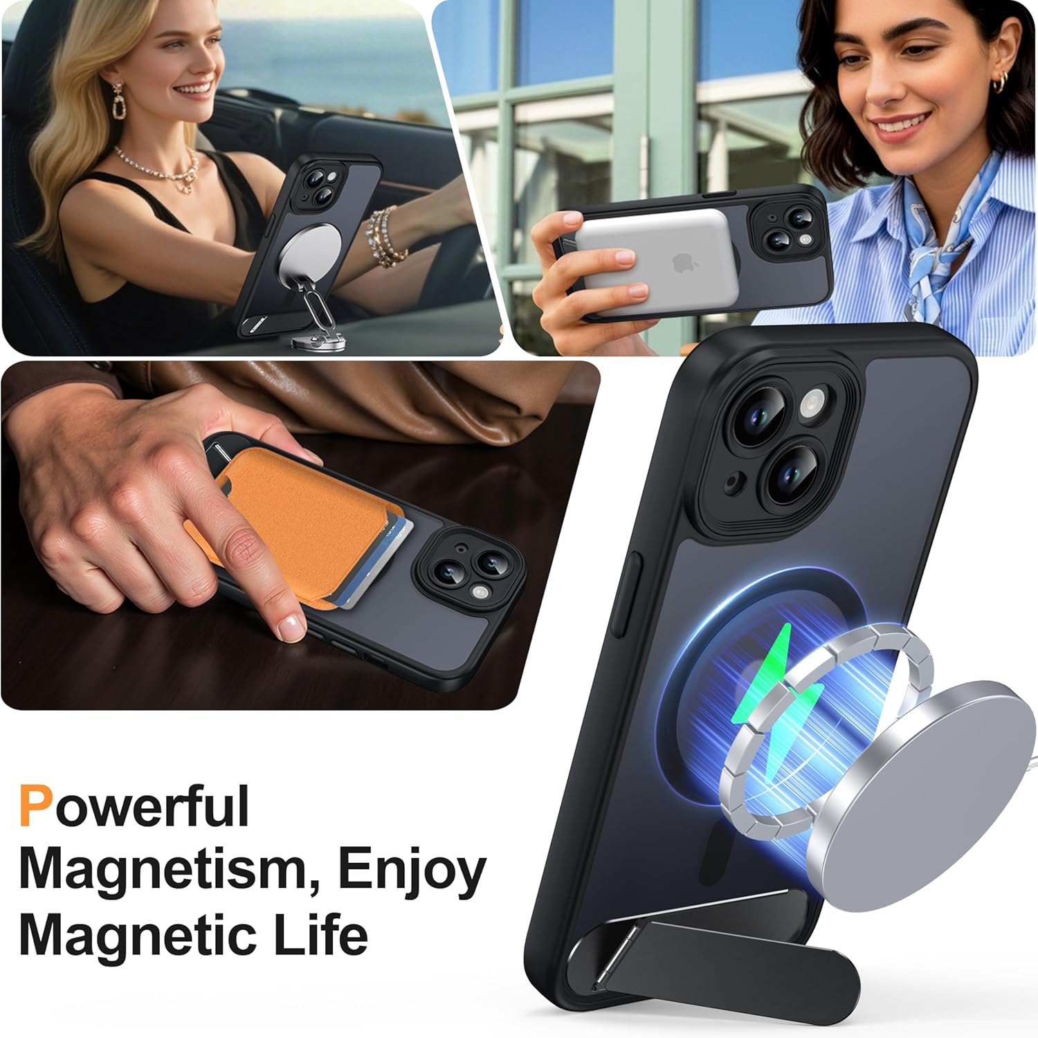 Magnetic Compatible with iPhone 15 Case, [Built-in Invisible Kickstand][Compatible with MagSafe][Full Camera Protection] Translucent Matte Phone Case for iPhone 15 6.1" Black - Image 6