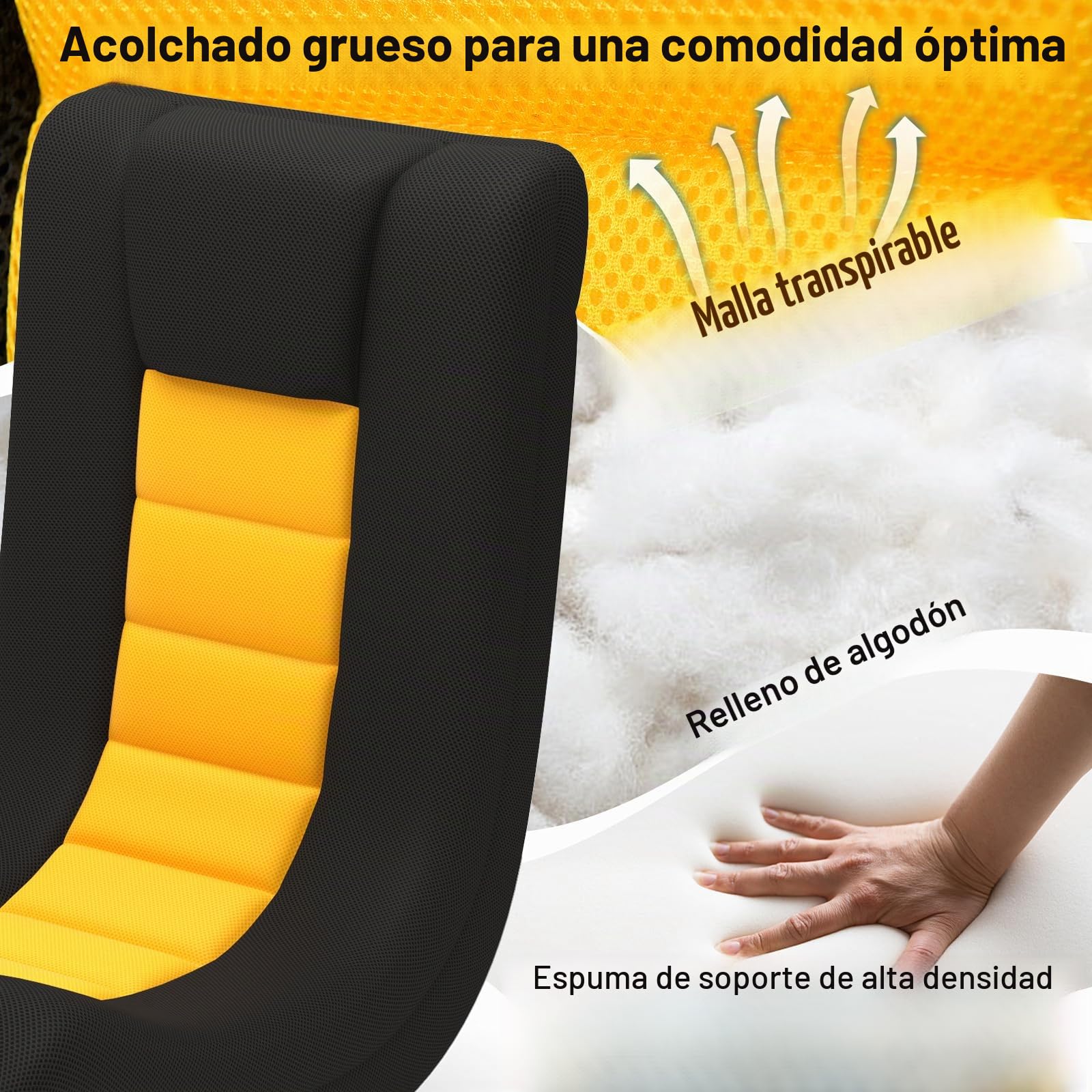RELAX4LIFE Sillón de Suelo Giratorio 360°, Silla Plegable con Respaldo Ajustable en 4 Posiciones, Cojín para el Cuello y Base de Metal, Silla de Suelo Acolchada con Esponja Acolchada (Negro+Amarillo)