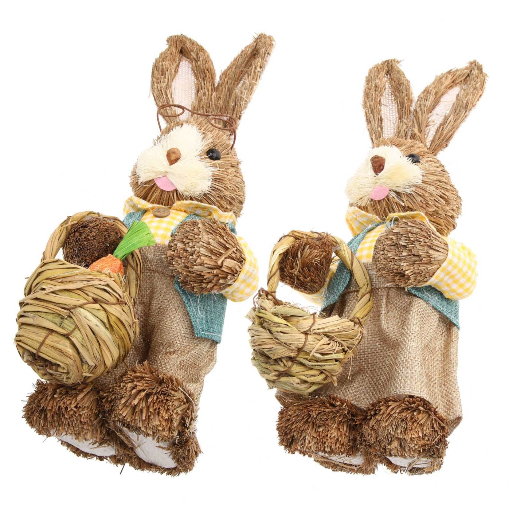Abaodam Decorazione Pasquale 2 Pezzi Coniglio di Paglia Intrecciato a Mano, Statuette Coniglio da Giardino e Casa, Decorazioni di Pasqua Adorabili in Stoffa e Paglia