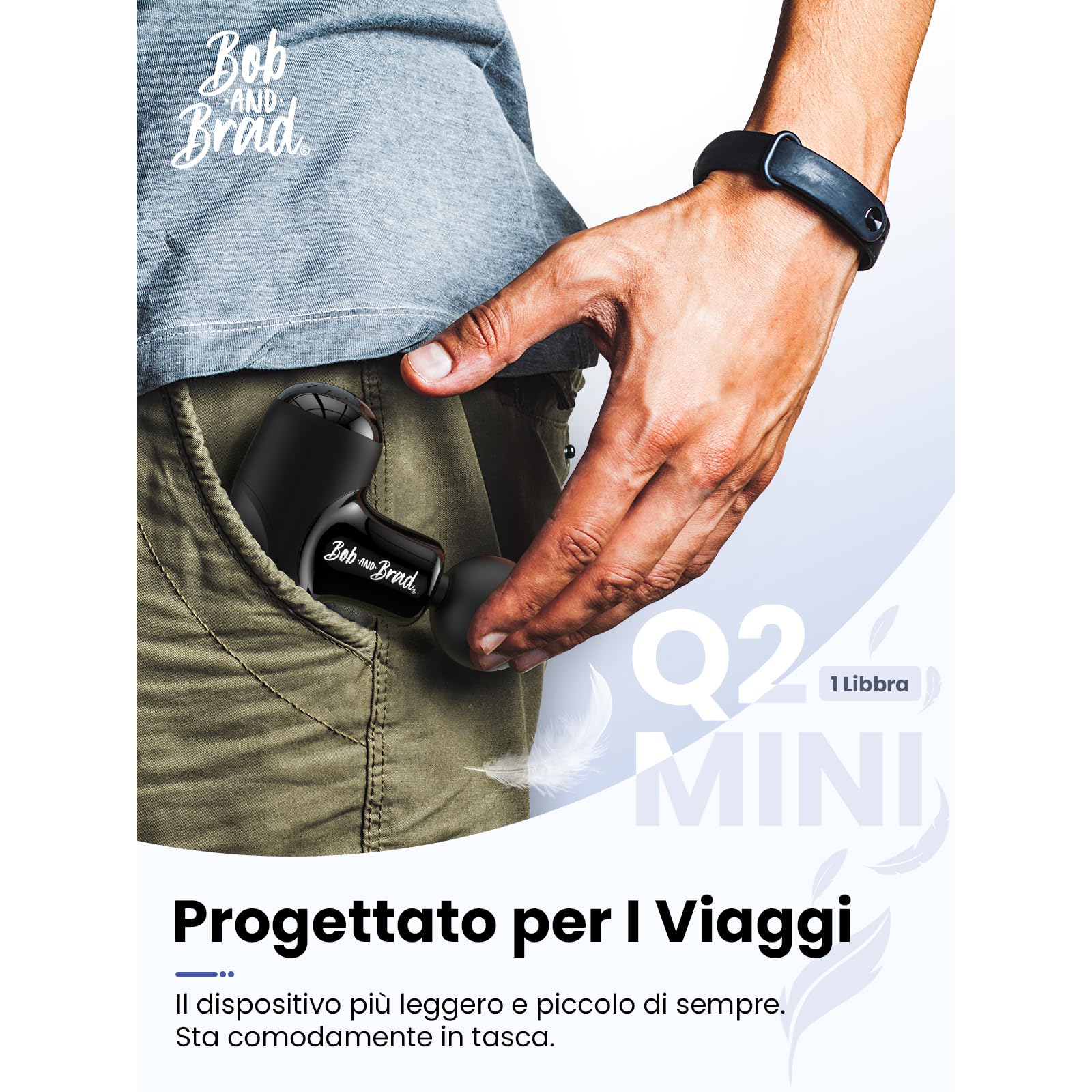 BOB AND BRAD Q2 Mini Pistola Massaggio Muscolare Portatile, Massaggiatore Elettrico per Schiena e Spalle, Silenzioso, Ricarica USB-C, Custodia Inclusa, Ideale per Ufficio, Viaggi e Sport