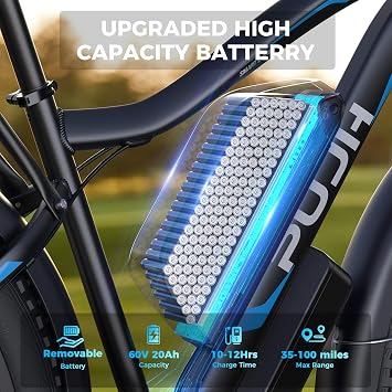 6000W Dual Motor 50MPH E-Bike Up to 100Mi 60V 26 Fat Tire PU23 | Type-c charg phone holder,70-110 miles range,20Ah 1200Wh battery,Off-road,Full suspension hydraulic brakes,200Nm climbs 40