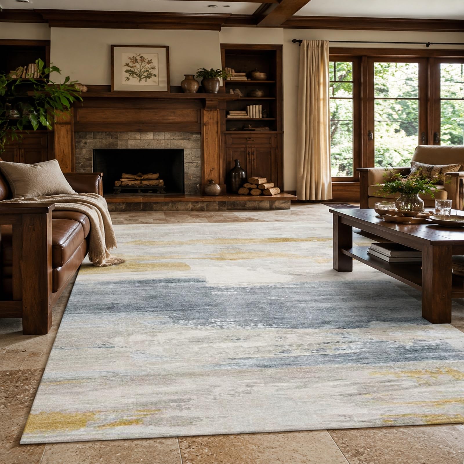Tapis de salon bleu et jaune abstrait moderne 60x120 cm
