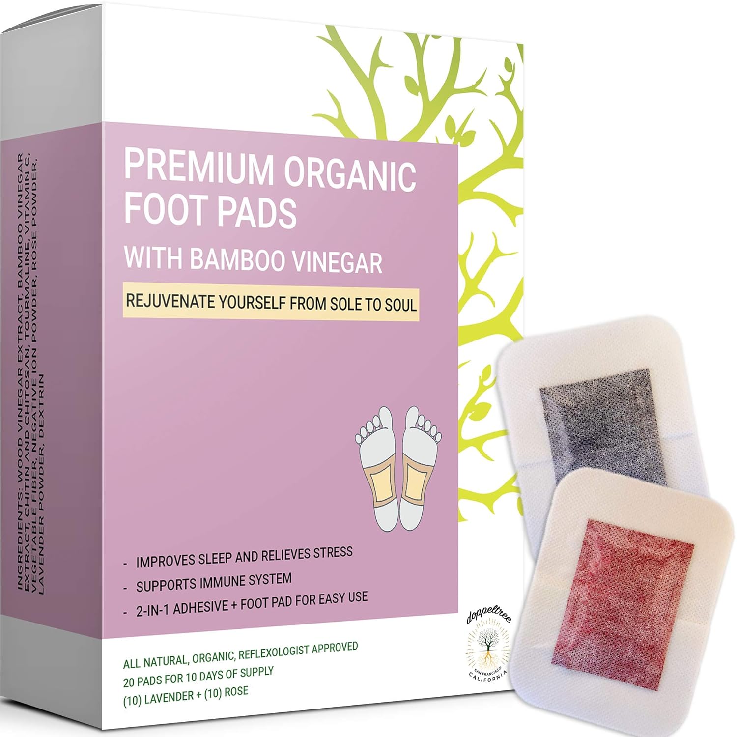 Doppeltree Foot Pads for Better Sleep, Less Stress, & Relief | Upgraded 2-in-1 Cleansing Patches with Organic Bamboo Vinegar | Formulated in San Francisco | 10x Lavender + 10x Rose