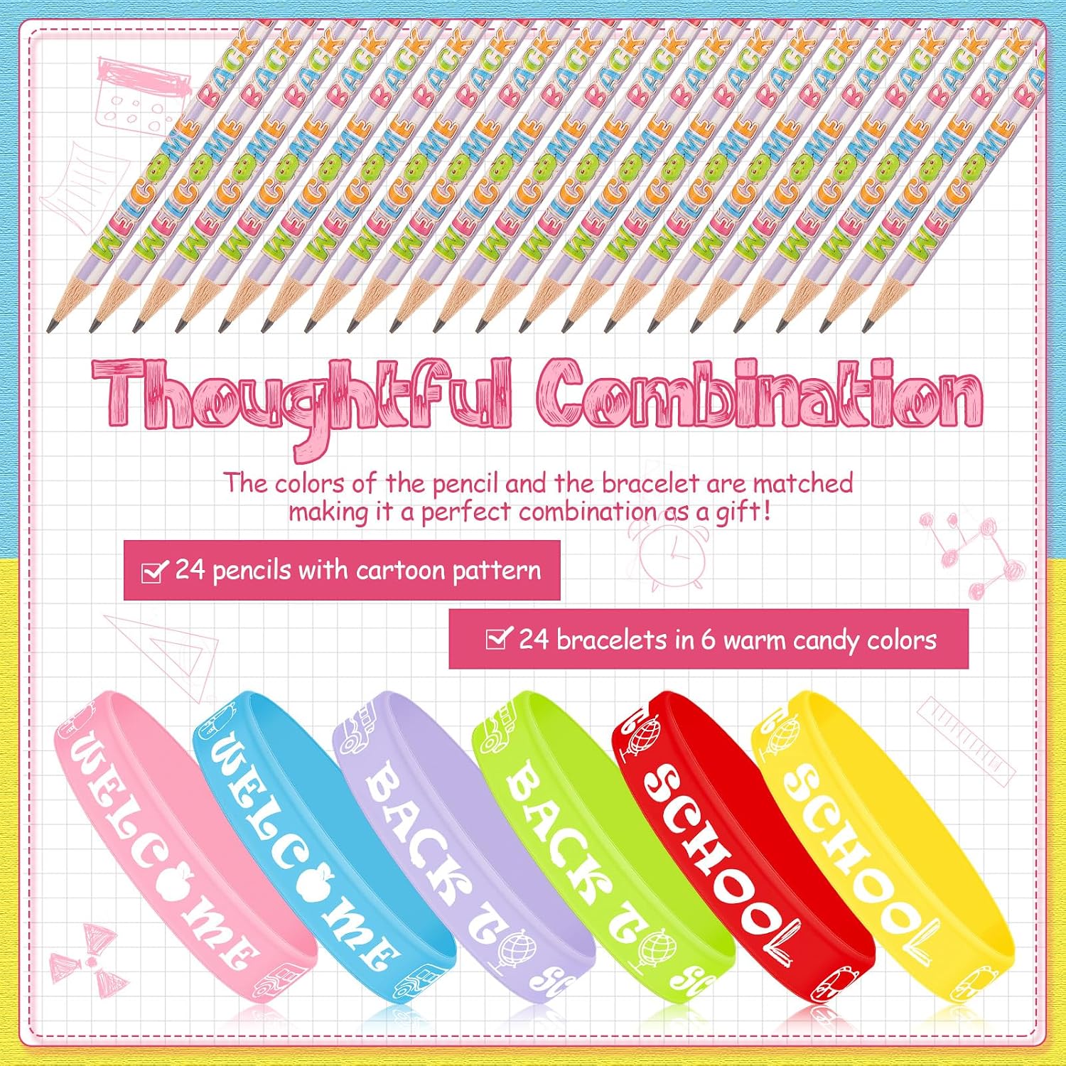 Sabary 48 Pcs Welcome Back to School Pencils Rubber Bracelets Back to School Supplies Set School Party Favors First Day of School Gifts for Kids Kindergarten Students Teacher Reward