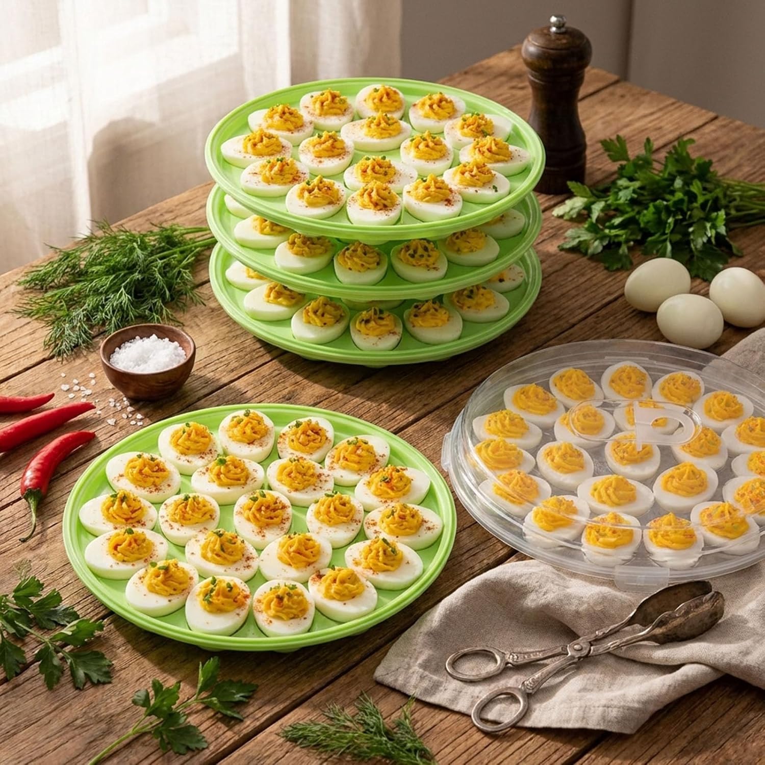 HANSGO 4 PCS Deviled Egg Container Bundle, Green 3-Pack and Clear Single Platter Carrier Trays with Lids, 88 Slots for Party, Picnic, Kitchen image 2