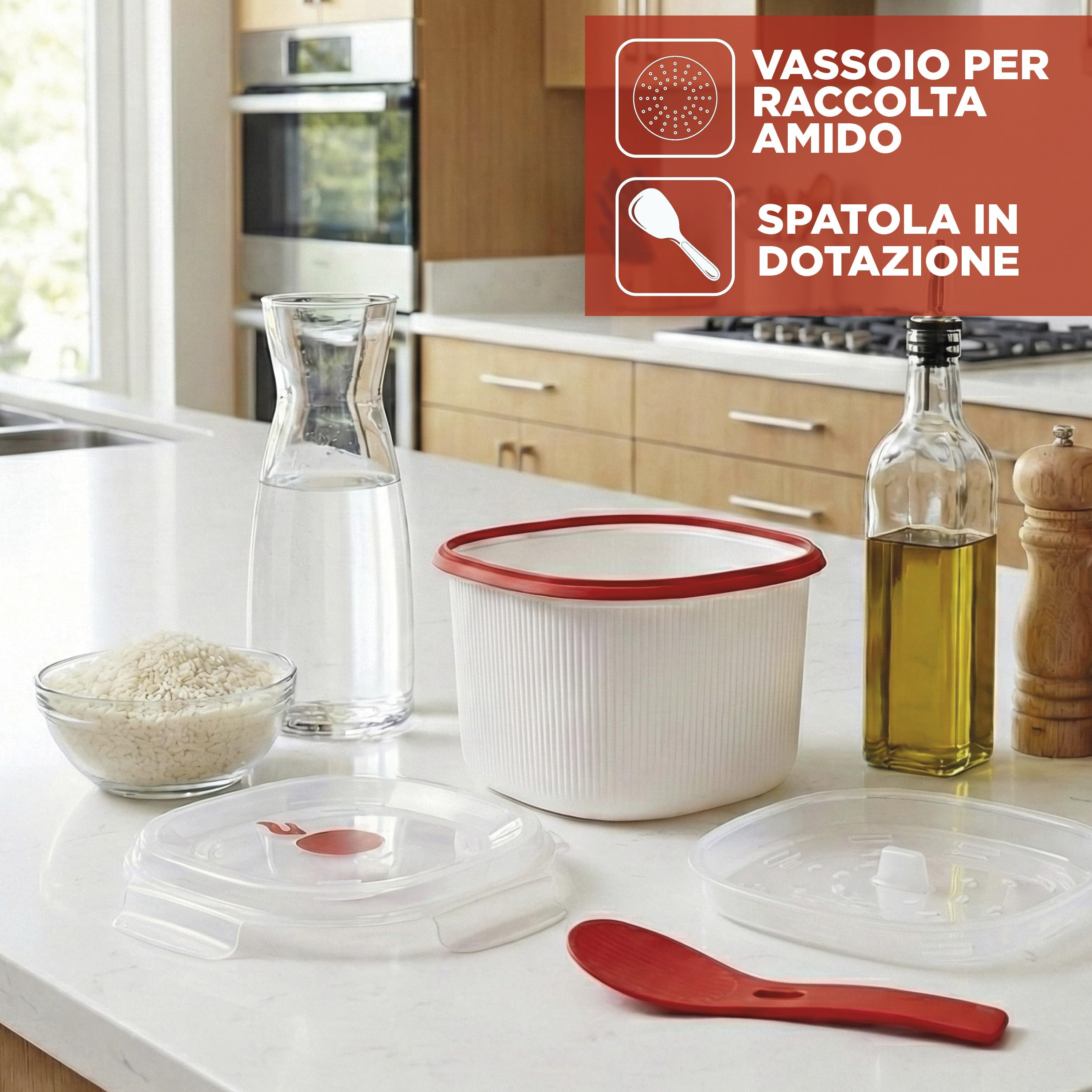 Snips - Cuociriso e Cereali Microonde, Rice Cooker 2,70L con Vassoio Amido e Spatola Inclusi - Contenitori per Alimenti 20x20,5x14,50 - Cuoci Riso Contenitore Microonde Bianco Made in Italy - 4