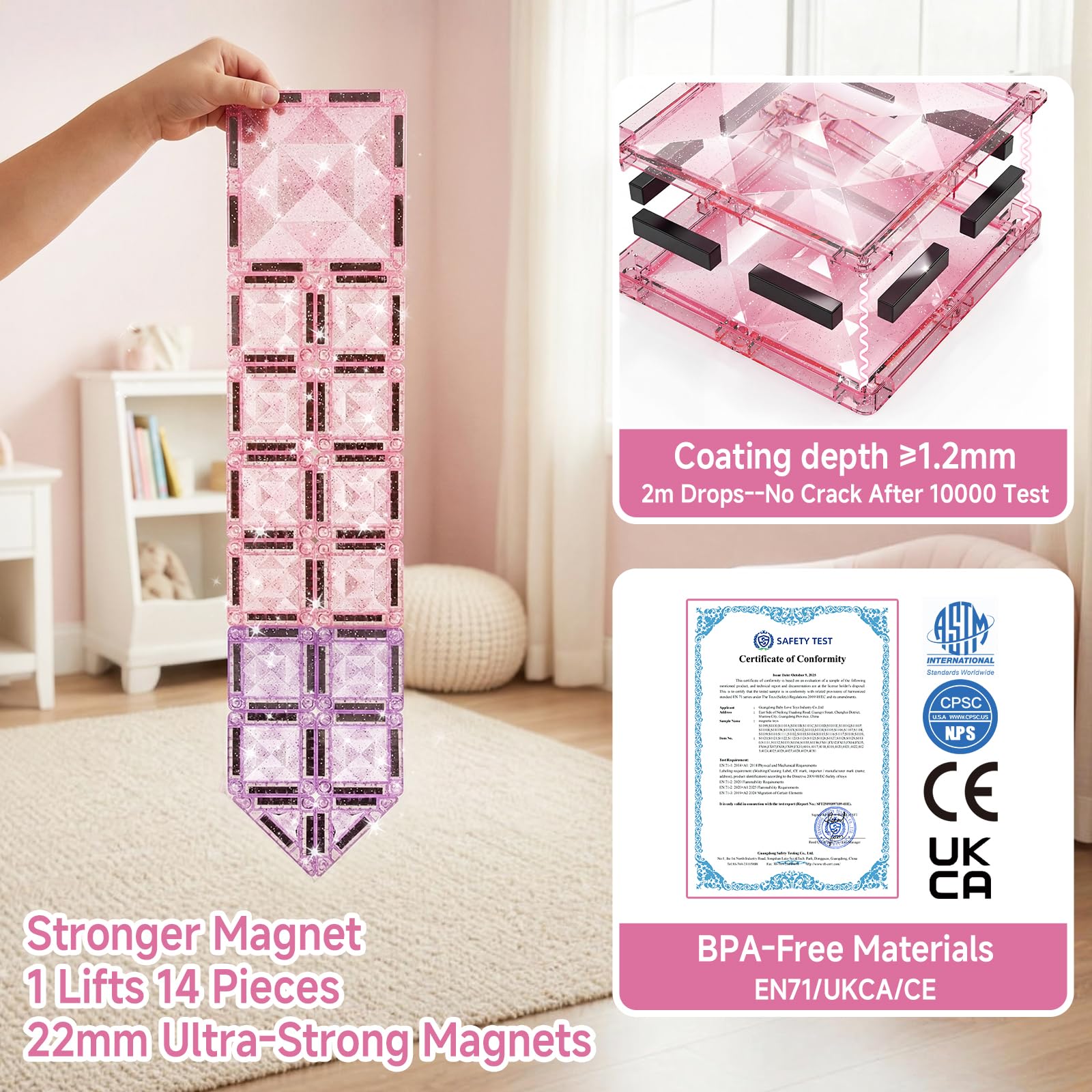 Magnetische Bausteine Reisespielzeug für Mädchen: 42 Teile Glitzer Diamant Magnetische Tiles in Metallbox für Auto, Flugzeug & Zug – 90 Minuten Beschäftigung, 45s Aufräumen – Geschenk ab 3-6 Jahren
