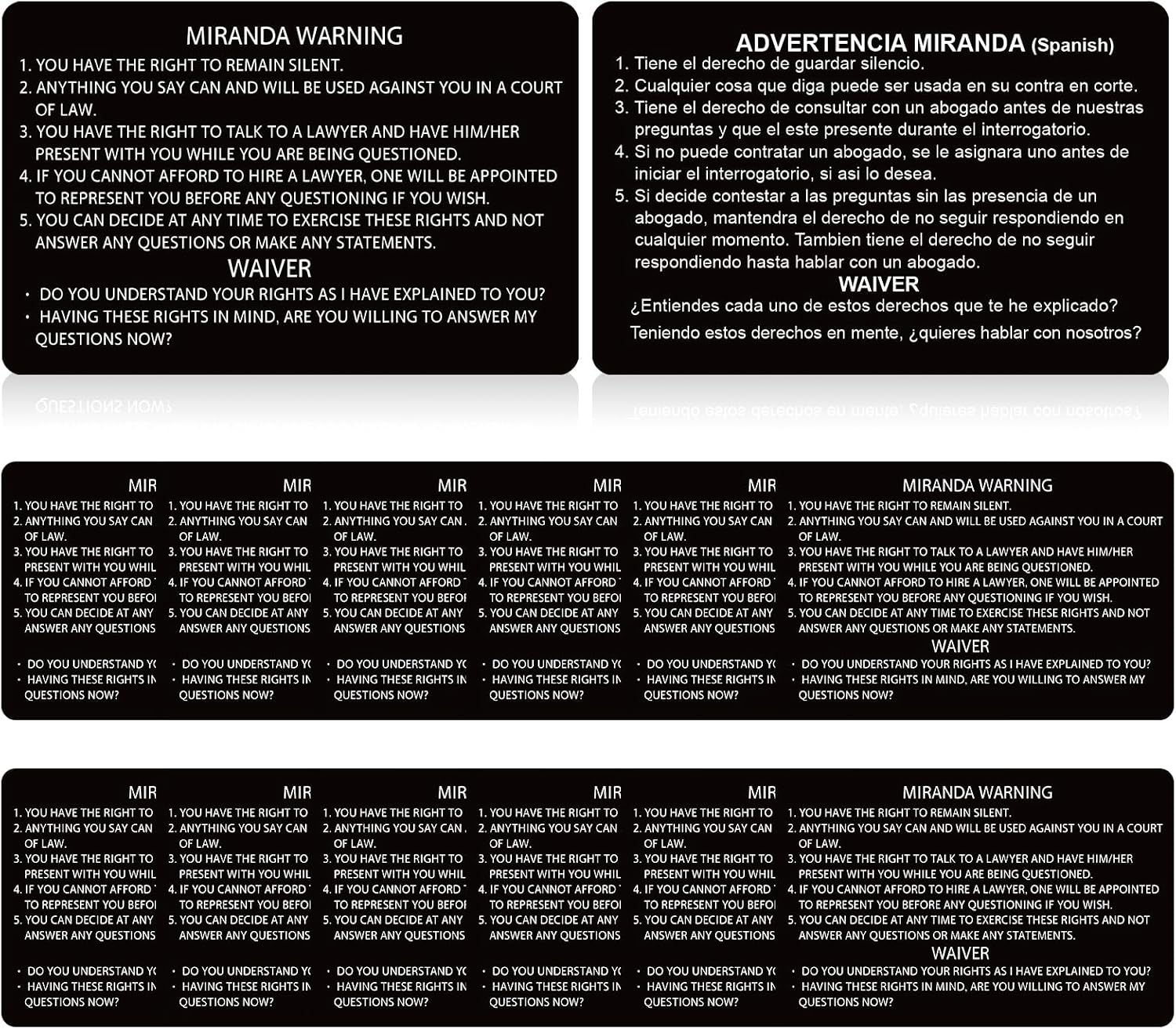 Motiskyy 12 Pcs Miranda Warning Card Miranda Rights Card Engraved Standard Field Sobriety Test Clues for Law Enforcement, Police, Black Privilege (Spanish and English)