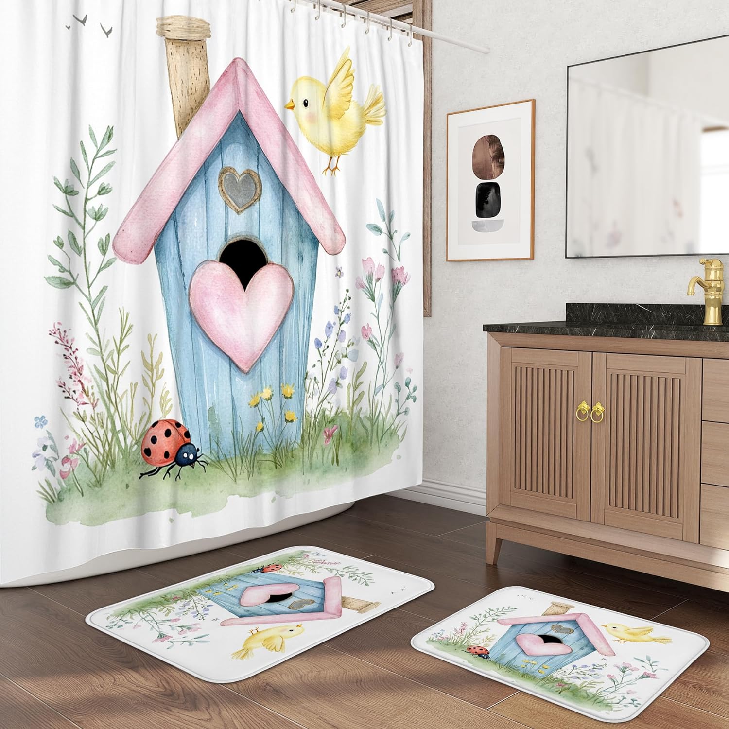 3PCS Cartoon Cute Birdhouse Bathroom Accessory Set with Two Non-Slip Washable Bath Rugs (16x24&20x32), Kid Funny Birds Bathroom Mat Decorative-72''x72'''