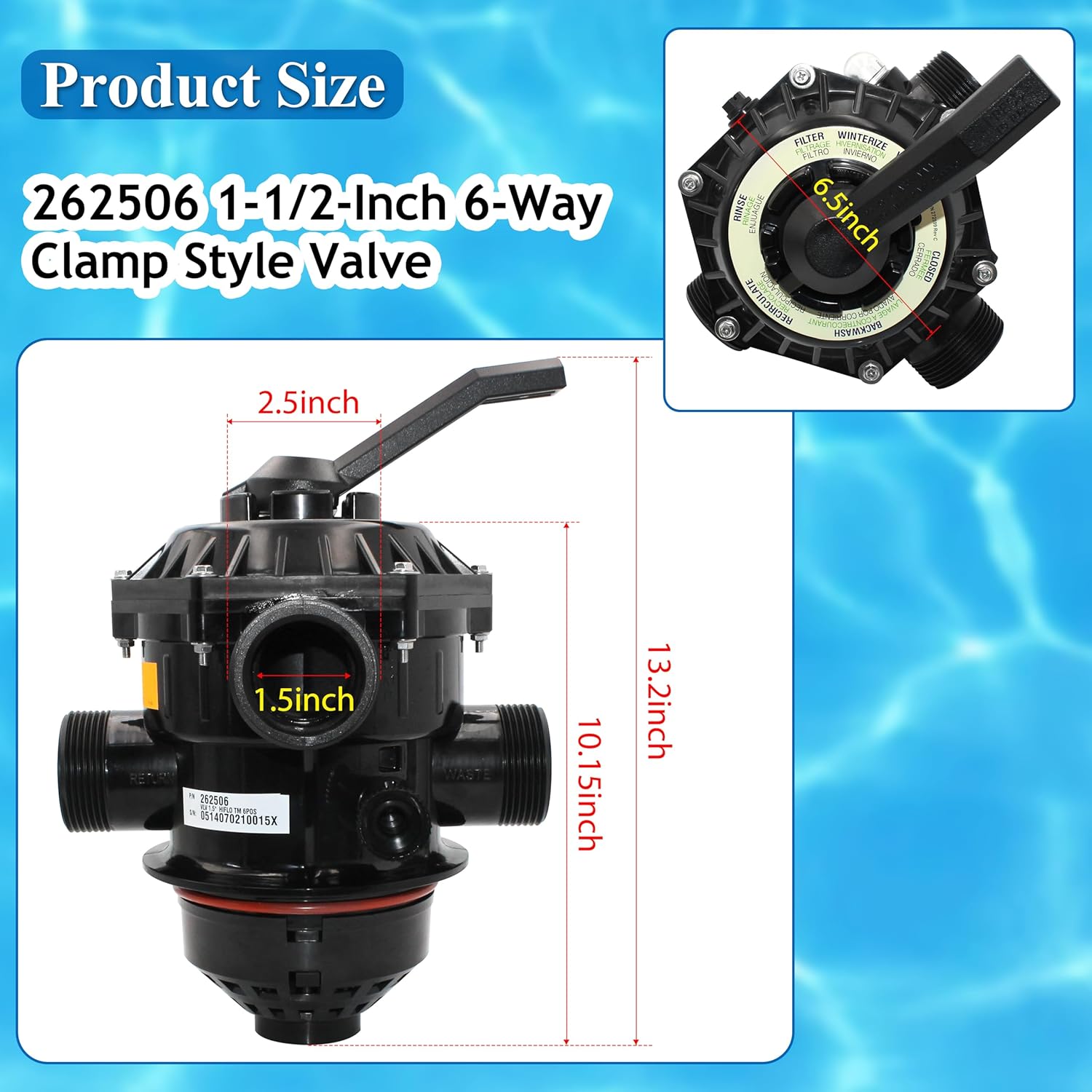 262506 1-1/2-Inch 6-Way Clamp Style Multiple Port Valve Top Mount Compatible with Tagelus/Sand Dollar/Meteor Pool and Spa Sand Filter