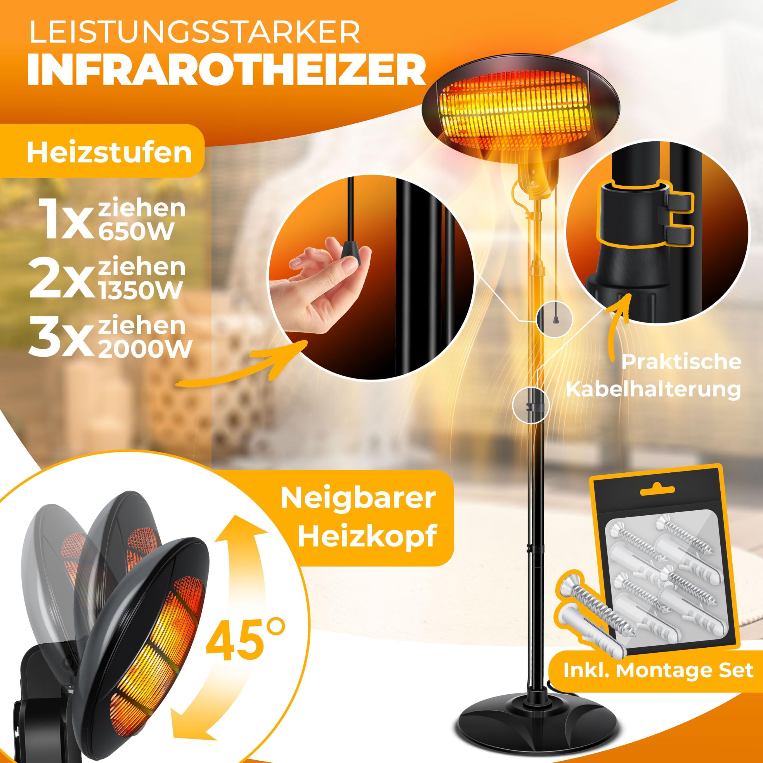KESSER® Infrarot Wickeltischstrahler Wärmelampe für Baby, 2000W Heizlüfter Standgerät | Wandmontage Heizstrahler, mit Kippsicherung, 3 Stufen Rotlicht Heizung, Indoor Outdoor, Stand | Wand, schwarz