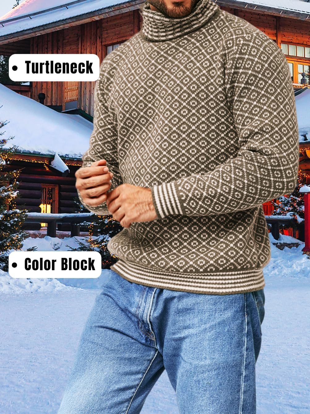 Turtleneck Sweater Men,Geometric Vintage Christmas Sweaters,Casual Work Going Out Outfits - Image 2