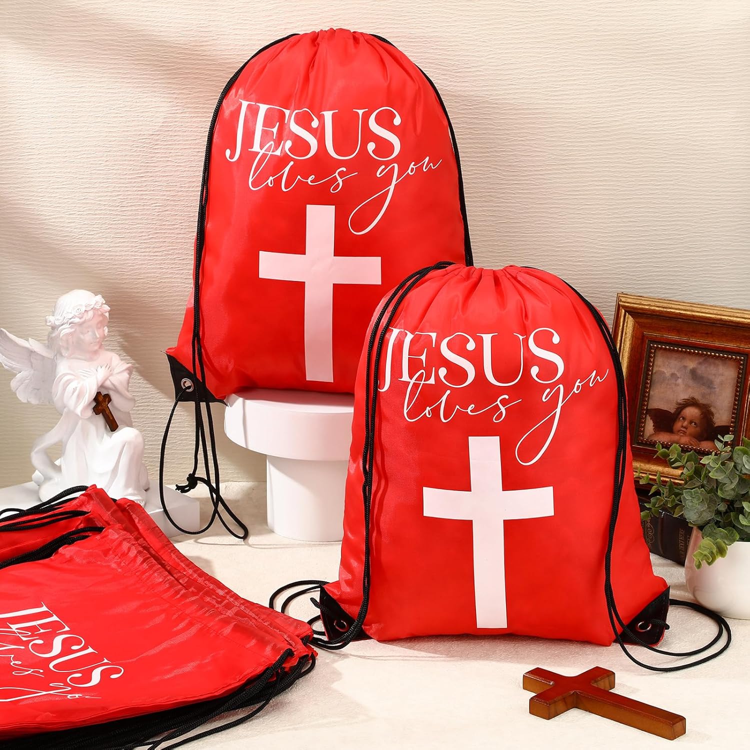24 Pcs Christian Drawstring Bags Jesus Loves You Religious Backpack Bags for Church Easter Catholic Christian Bulk Gifts(Red) - Image 5