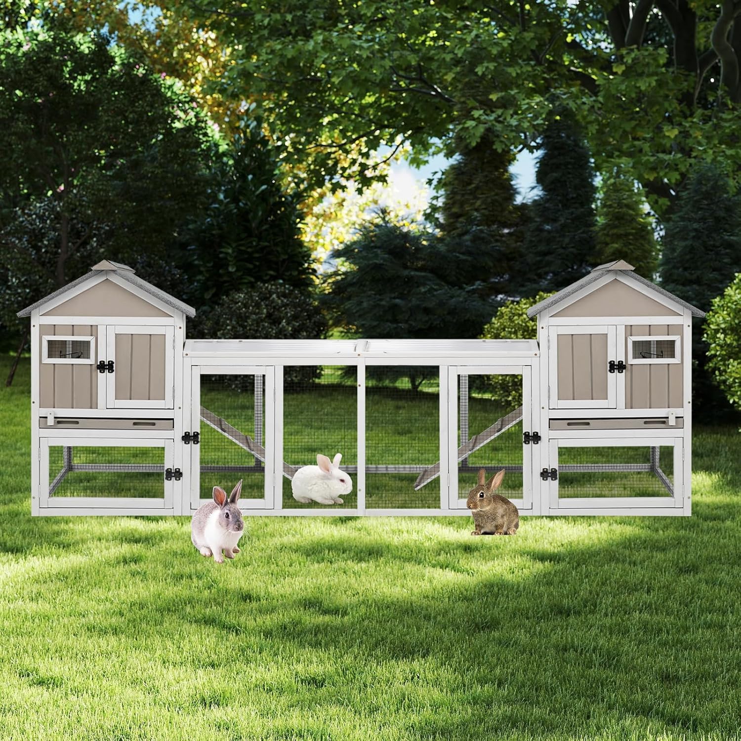 Gowoodhut 46.5" L Rabbit Hutch Indoor Outdoor Rabbit Cage with Run, Pull Out Tray, Asphalt Roof Large 2 Story Bunny Hutch Wooden Chicken Coop Guinea Pigs Pet House Cage for Small Animals,Grey