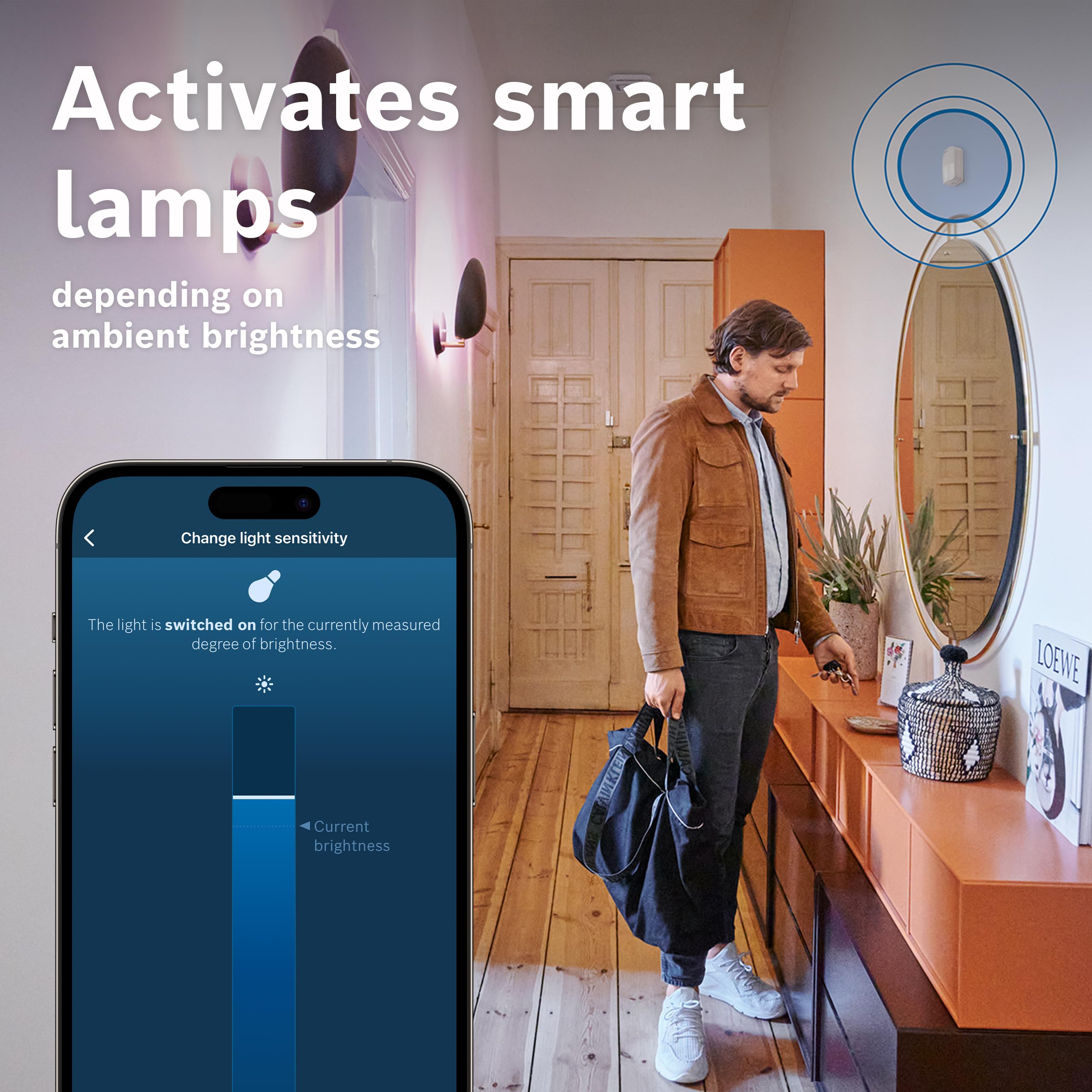 Sensor de MOV. Bosch Smart Home II [+M], Detector de MOV. para exter. e Inter., Certificado EN Grado 2, luz de Orient., Filtro p. Animales peq., área de detec. de hasta 13 m, compat. con Matter