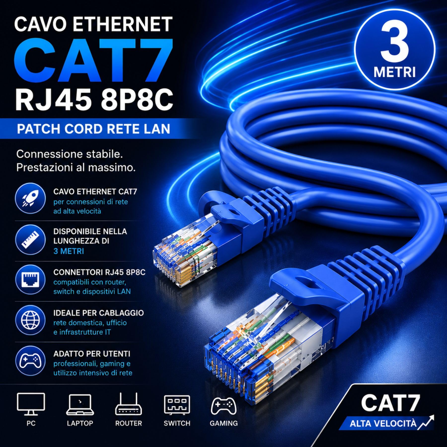A2ZWORLD 12 Stück Ethernet Kabel Cat 7 3 Meter, RJ45 8P8C Patch Cord Netzwerk LAN Blau