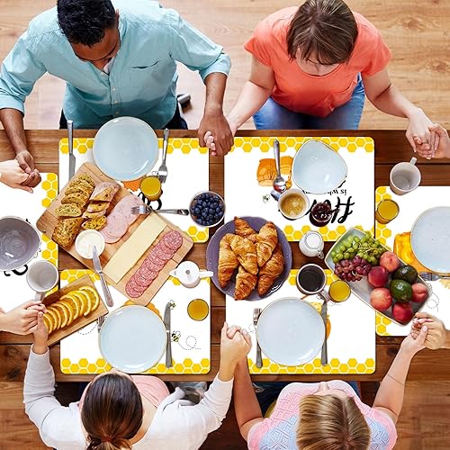 Miniatura 7 de Juego de 6 manteles individuales de abeja de miel, manteles individuales de plástico de verano, manteles individuales de mesa amarillos con tema de