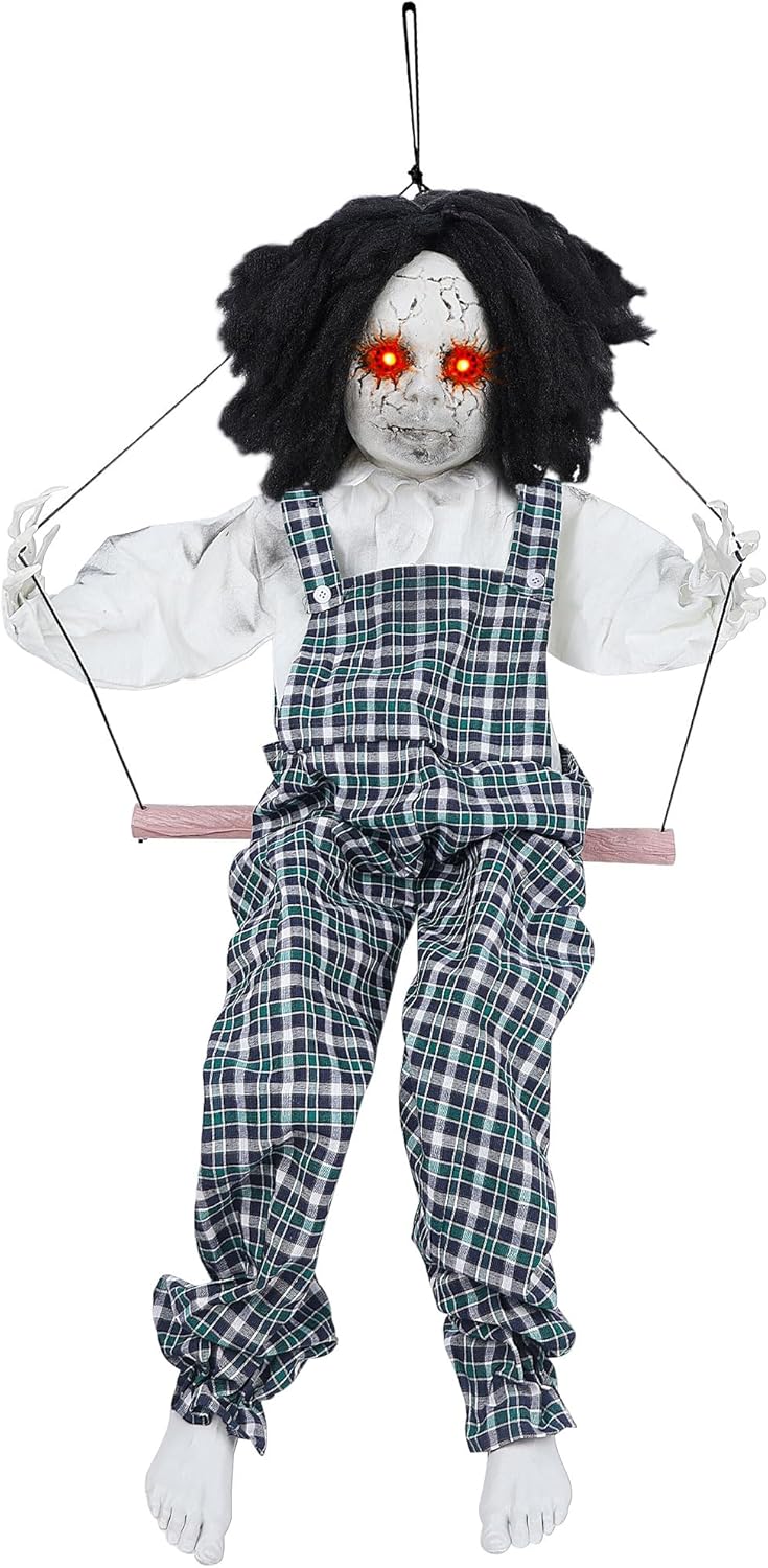 Halloween Hanging Ghost Props, 2.6FT H Life-Sized Voice-Activated Pink Skirt Girl Sitting on Swing with Lighted Eyes & Kicking Legs & Eerie Sound for Haunted House Trees Spooky Party Decor