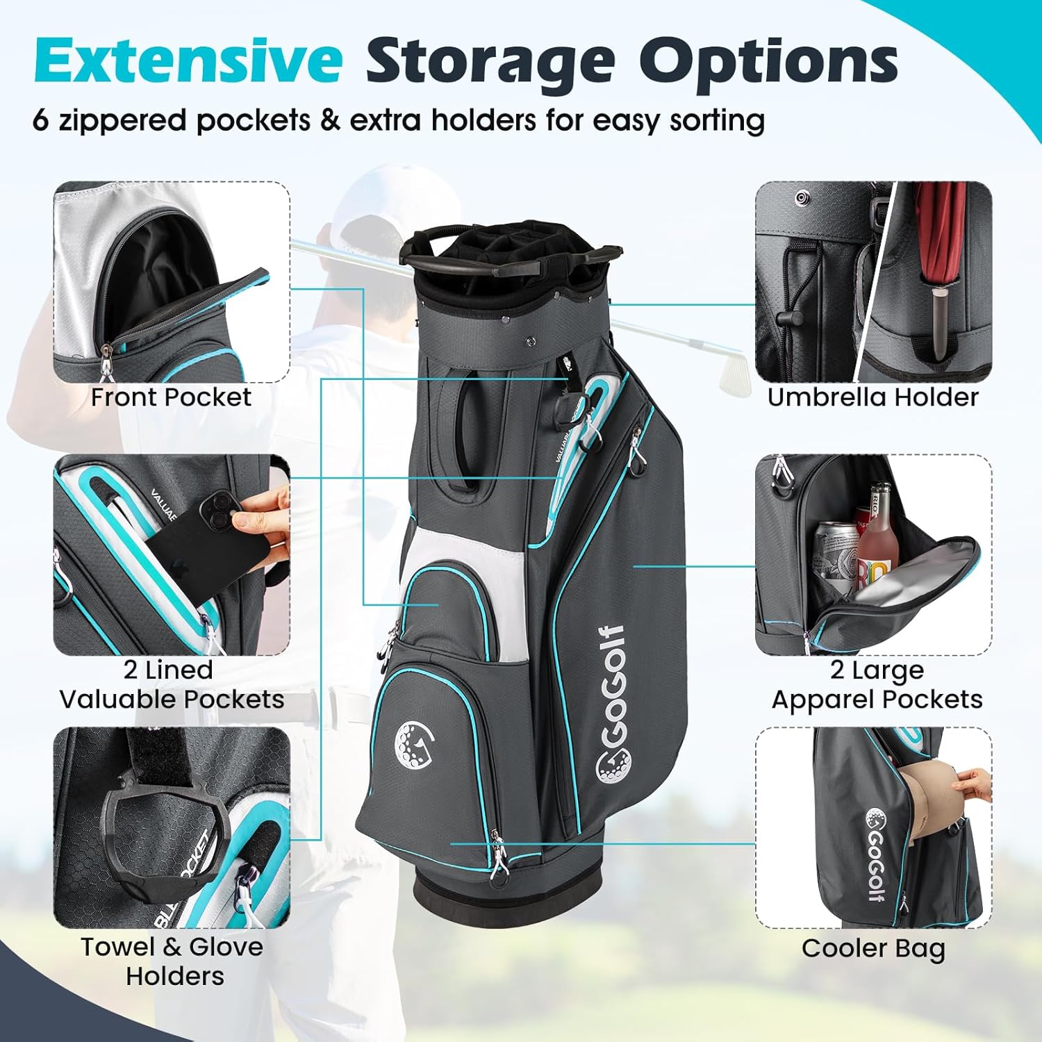Goplus Golf Cart Bag, Lightweight Portable Golf Bag with 14-Way Divider Top, 6 Zippered Pockets with Cooler Pocket, Rain Hood, Adjustable Shoulder Strap for Men Women