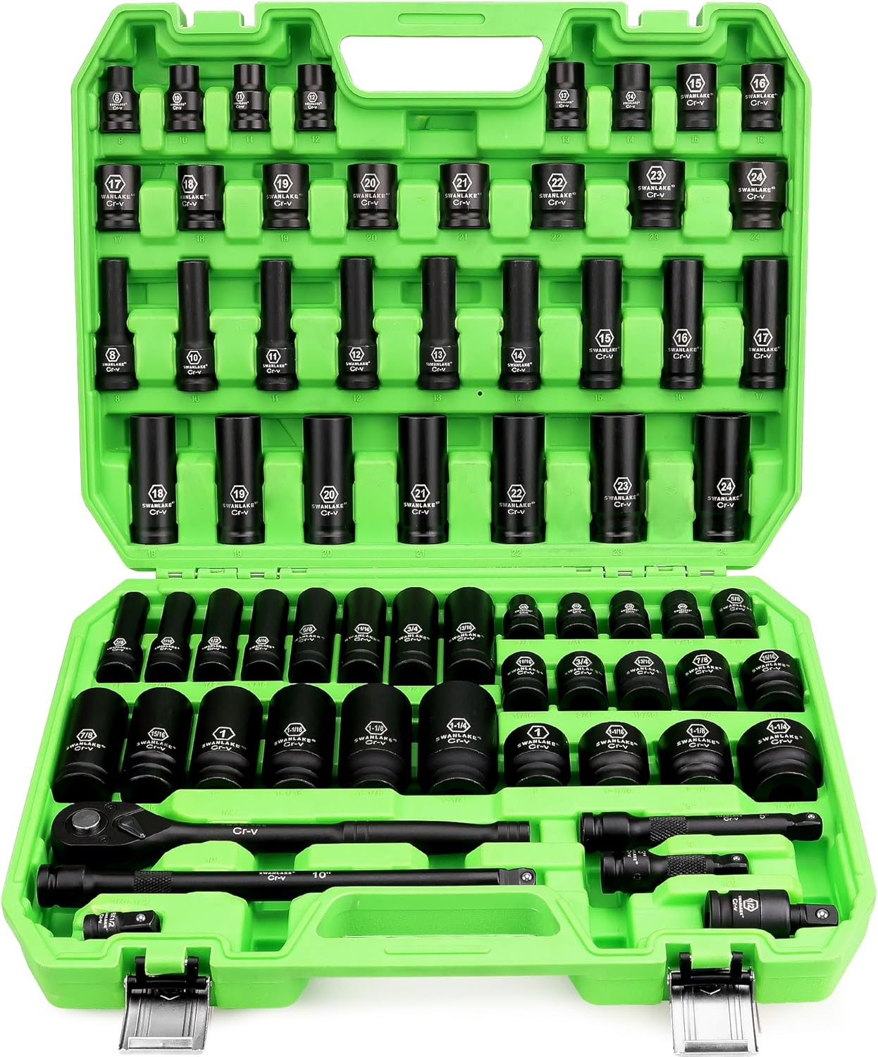 SWANLAKE 1/2" Drive Impact Socket Set, 66-Piece Standard SAE (3/8"-1-1/4") and Metric (8-24mm) Size, 6 Point, Cr-V, 1/2-Inch Drive Ratchet Handle, Extension Bar, Impact Universal Joint