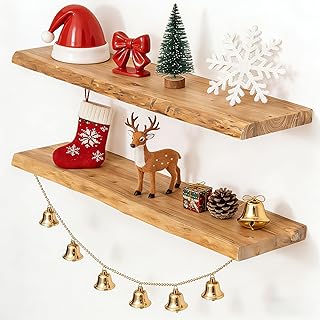 Fun Memories Floating Shelves for Wall Decor, Rustic Solid Elm Wood Live Edge Floating Shelves Wall Mounted, Heavy-Duty Shelf with Invisible Bracket for Living Room Kitchen, 36 Inch Set of 2, Natural