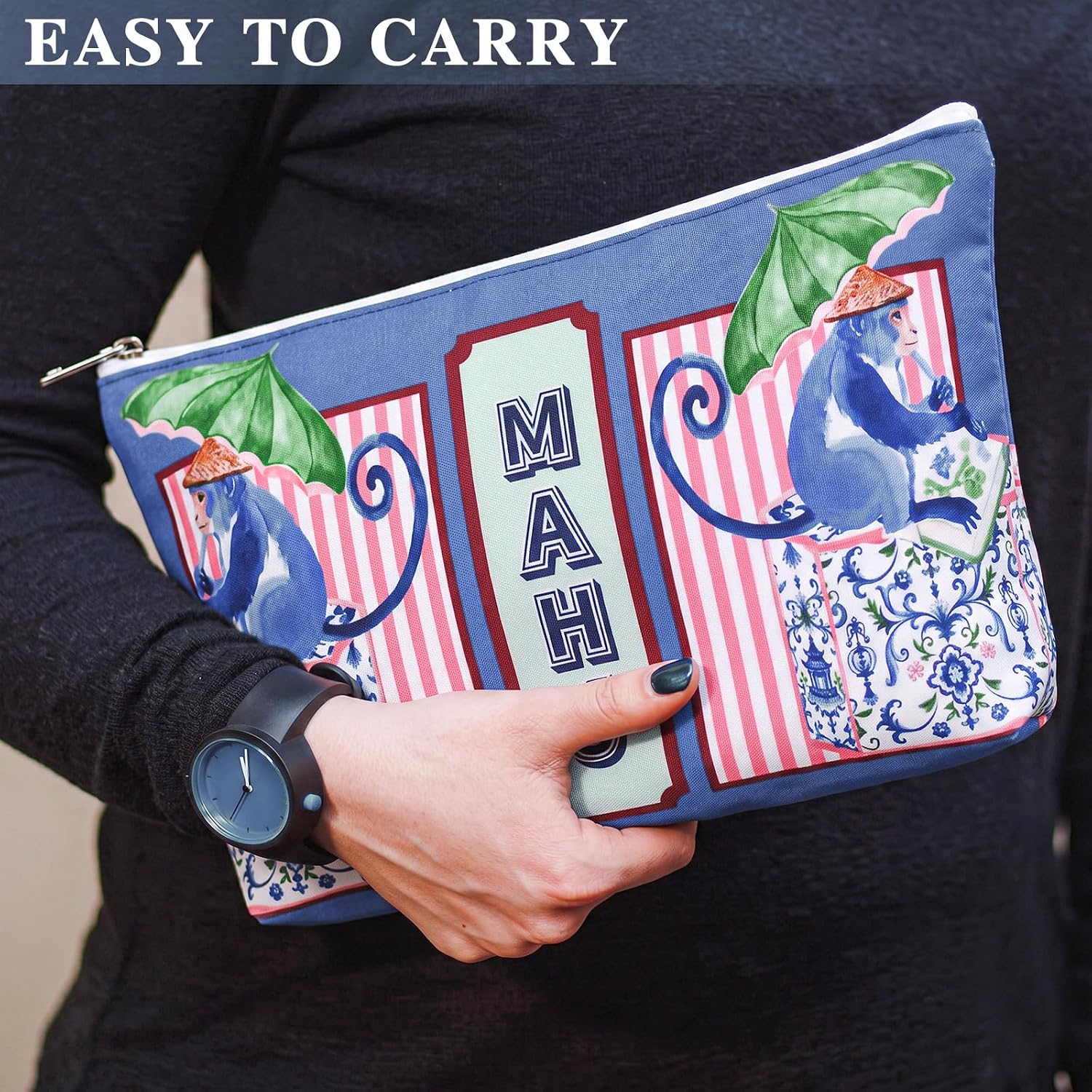 Empty Chinoiserie Mahjong Tile Bag 13x7.8 Inch Blue and Pink Tile Storage Bag with Zippered Monkey Portable Travel Storage Pouch Standard Size for American Mahjong Tiles Accessories Hostess Gift