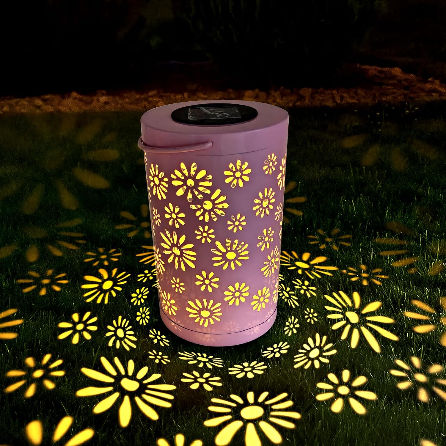 Solar Lanterns Outdoor Waterproof Hanging Solar Light Metal Tabletop Lantern with Daisy Hollowed-Out Design for Garden Yard Patio Porch Table Decor Gifts for Women, Pink
