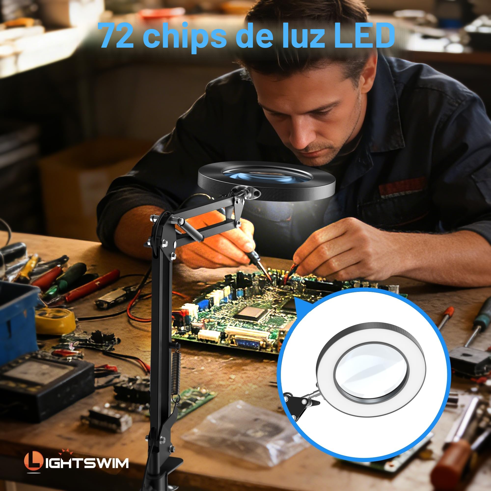 Lámpara de escritorio con lupa LED de 10 aumentos con abrazadera, lupa manos libres con 72 luces LED, 3 modos de color regulables, incluye dos lupas de joyería de 30 x 45 aumentos para trabajos