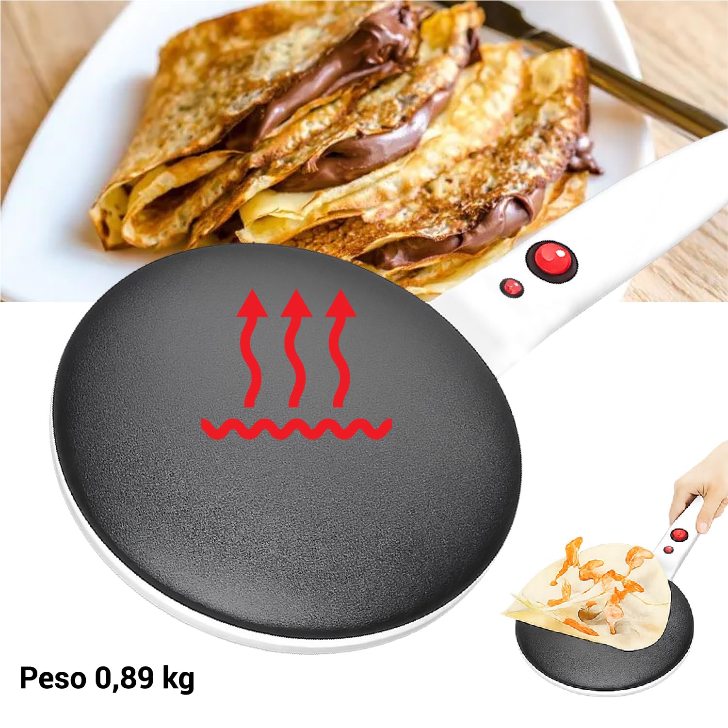 CRISALIDE® Crepiera Elettrica Cordless 800W – Macchina per Crêpes Antiaderente Ø20 cm con Rotazione 360°, Ciotola per Impasto Inclusa, Manico Antiscottatura e Interruttore ON/OFF