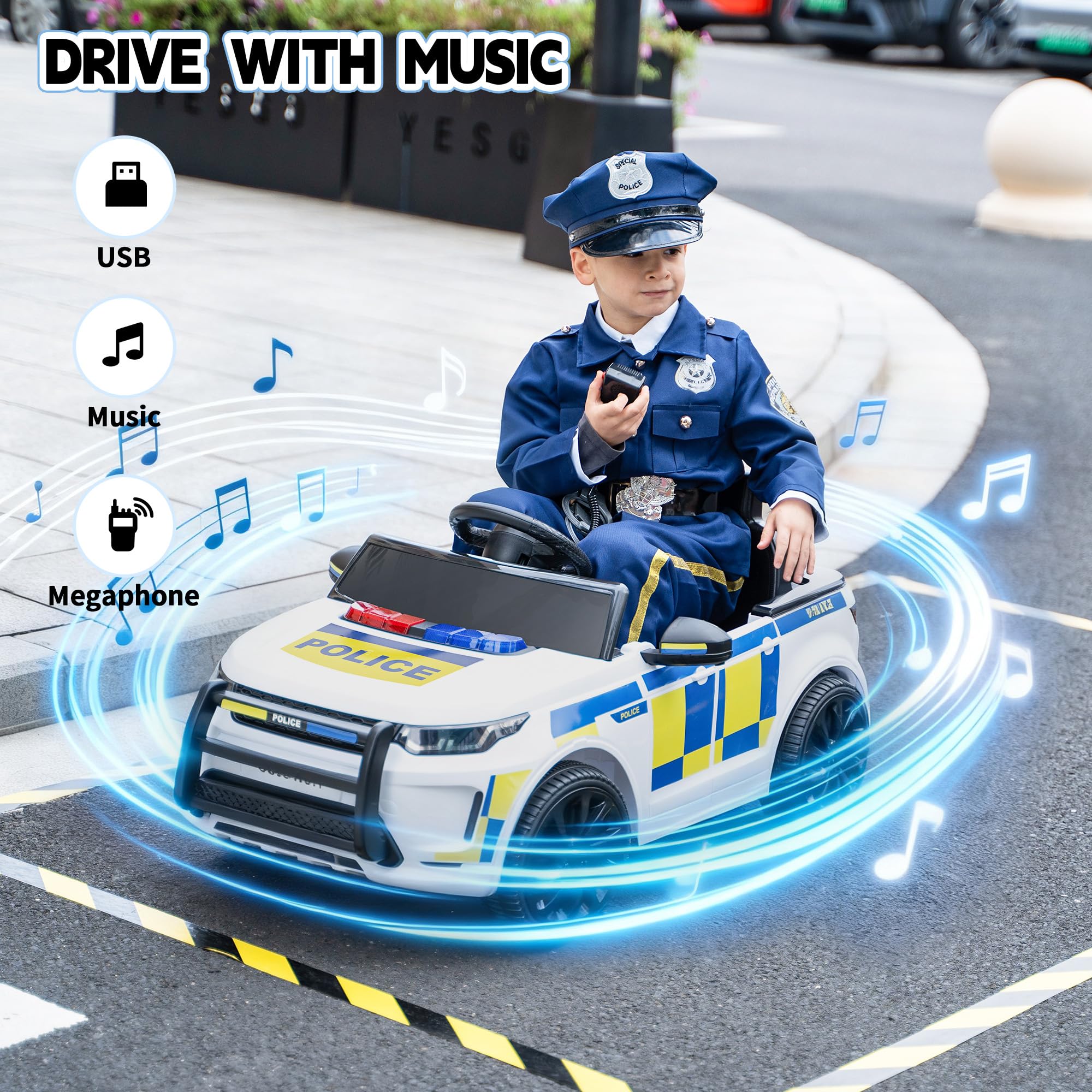 TOBBI Auto della polizia elettrica per bambini, giocattolo da poliziotto alimentato a batteria, 27 W, veicolo a 4 ruote con telecomando per genitori/soft start/3 velocità/clacson e LED, per bambini da