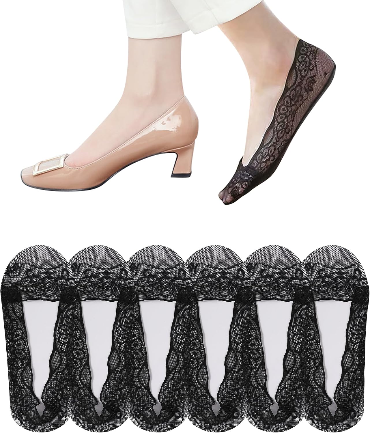Women No Show Socks 6 Pairs Lace Socks Non Slip Invisible Socks for Women, Low Cut Womens Socks with Lace Trim