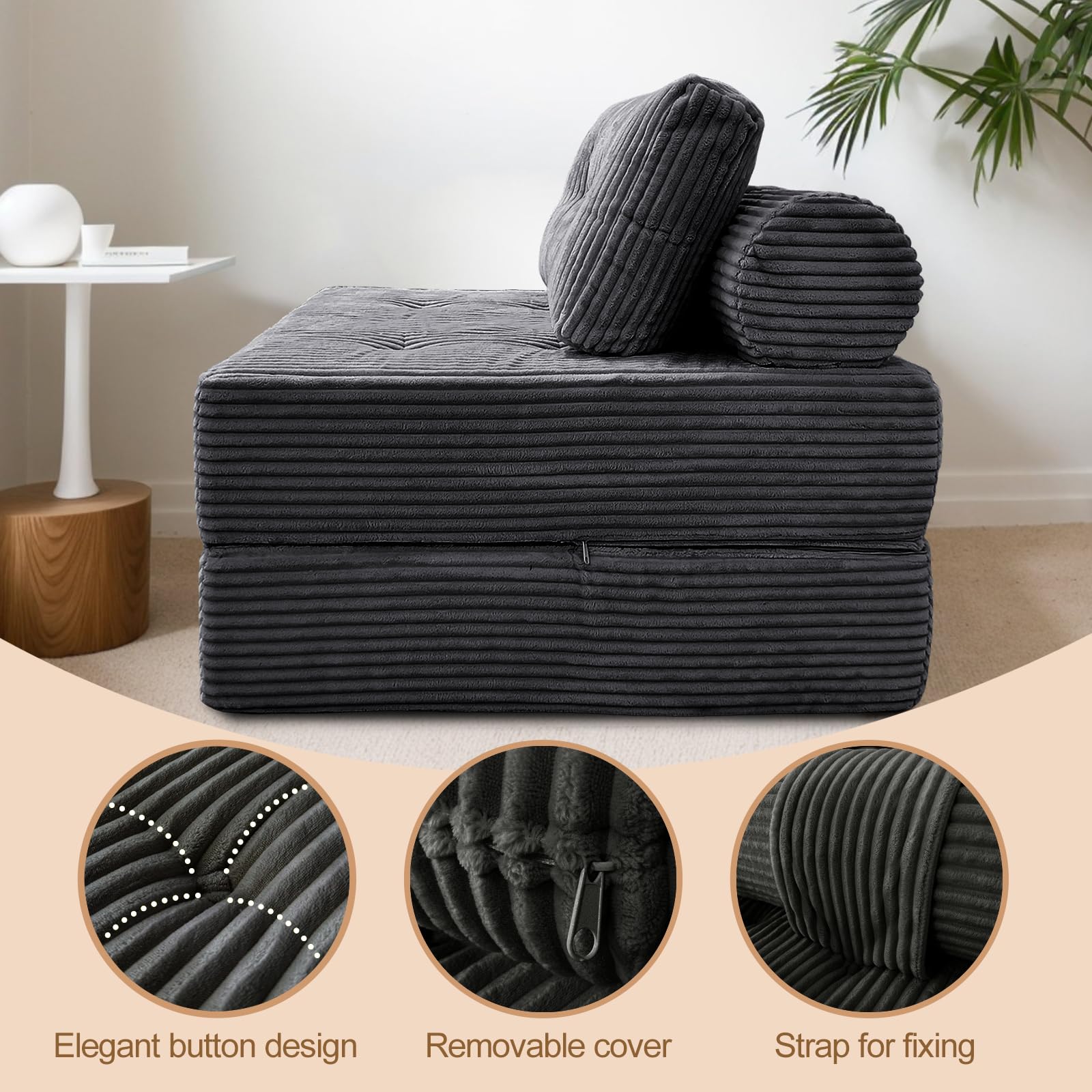 Nigoone Folding Sofa Bed Futon, Supportive Sleeper Chair with Pillow, Comfy Corduroy Floor Couch, Versatile Convertible Mattress for Bedroom/Living Room/Guest/Office, Dark Grey