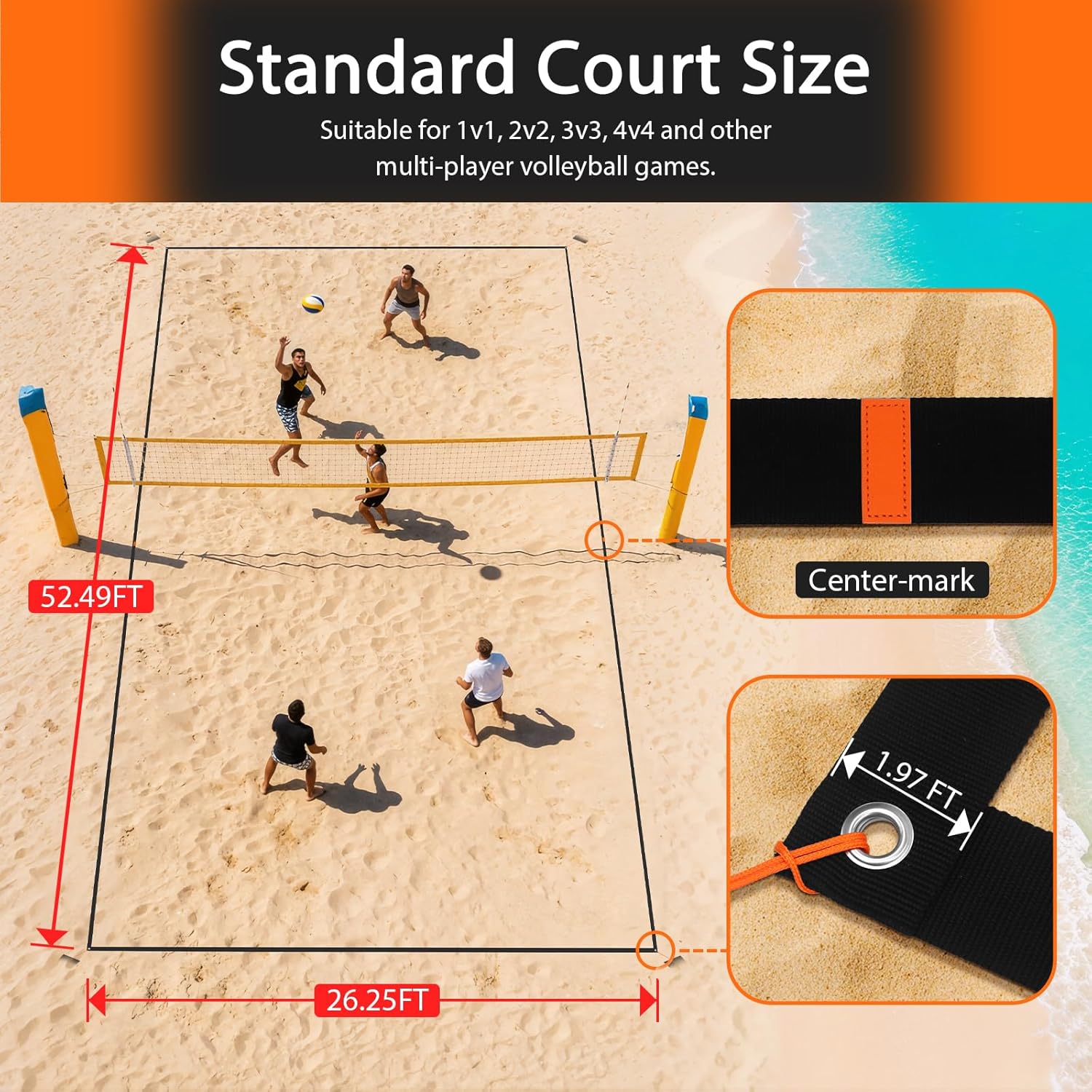 Portable Beach Volleyball Court Boundary Lines - 2 Inch Official Size (26.3' x 52.6') with 4 Sand Anchors & Storage Bag, Ideal for Outdoor Volleyball Activities