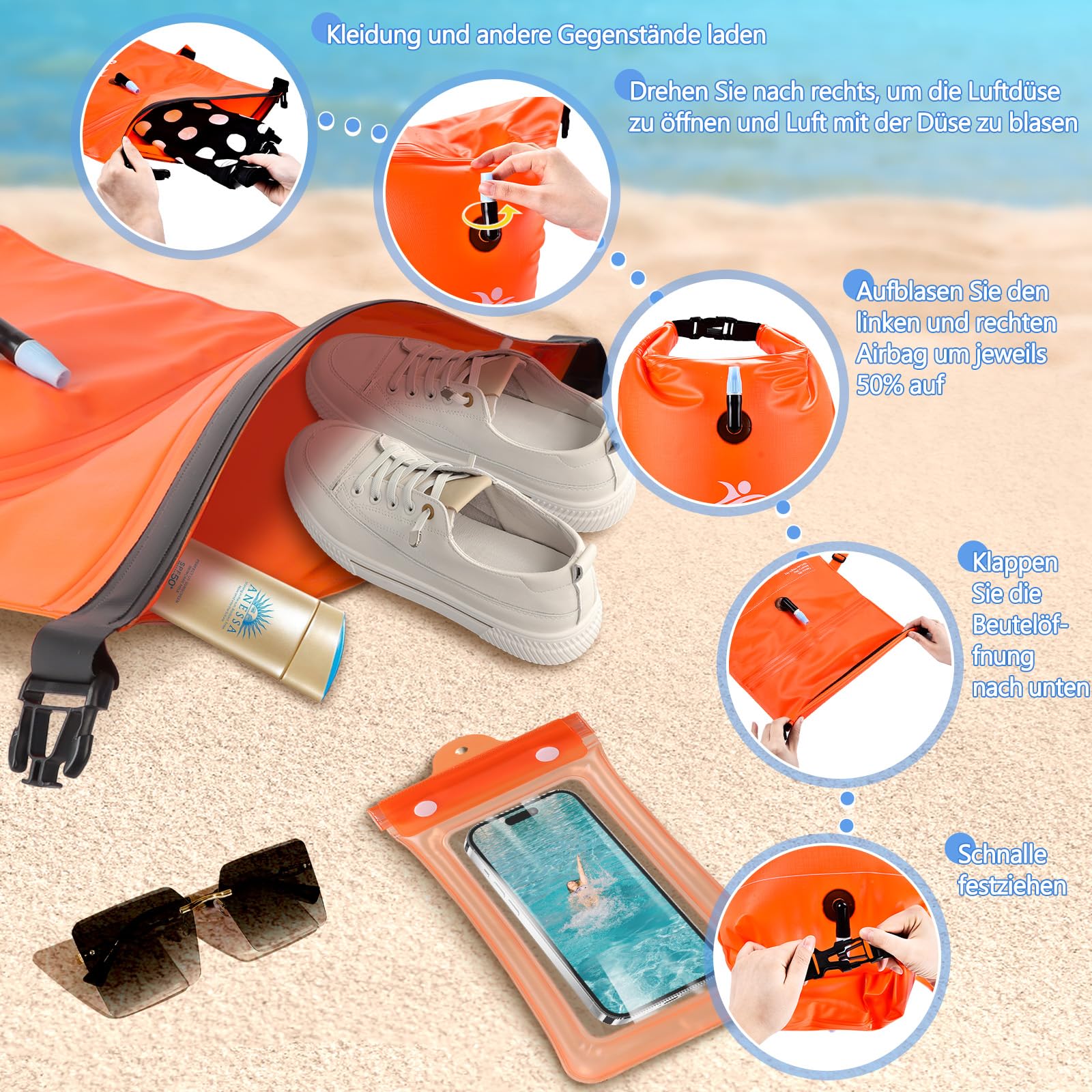 JONRRYIN Schwimmboje 28L, Trockensack und Schwimm Boje Aufblasbar, Sicherheitsgerät für Freiwasserschwimmen, Schwimmboje Ideal für Triathlons, Surfer