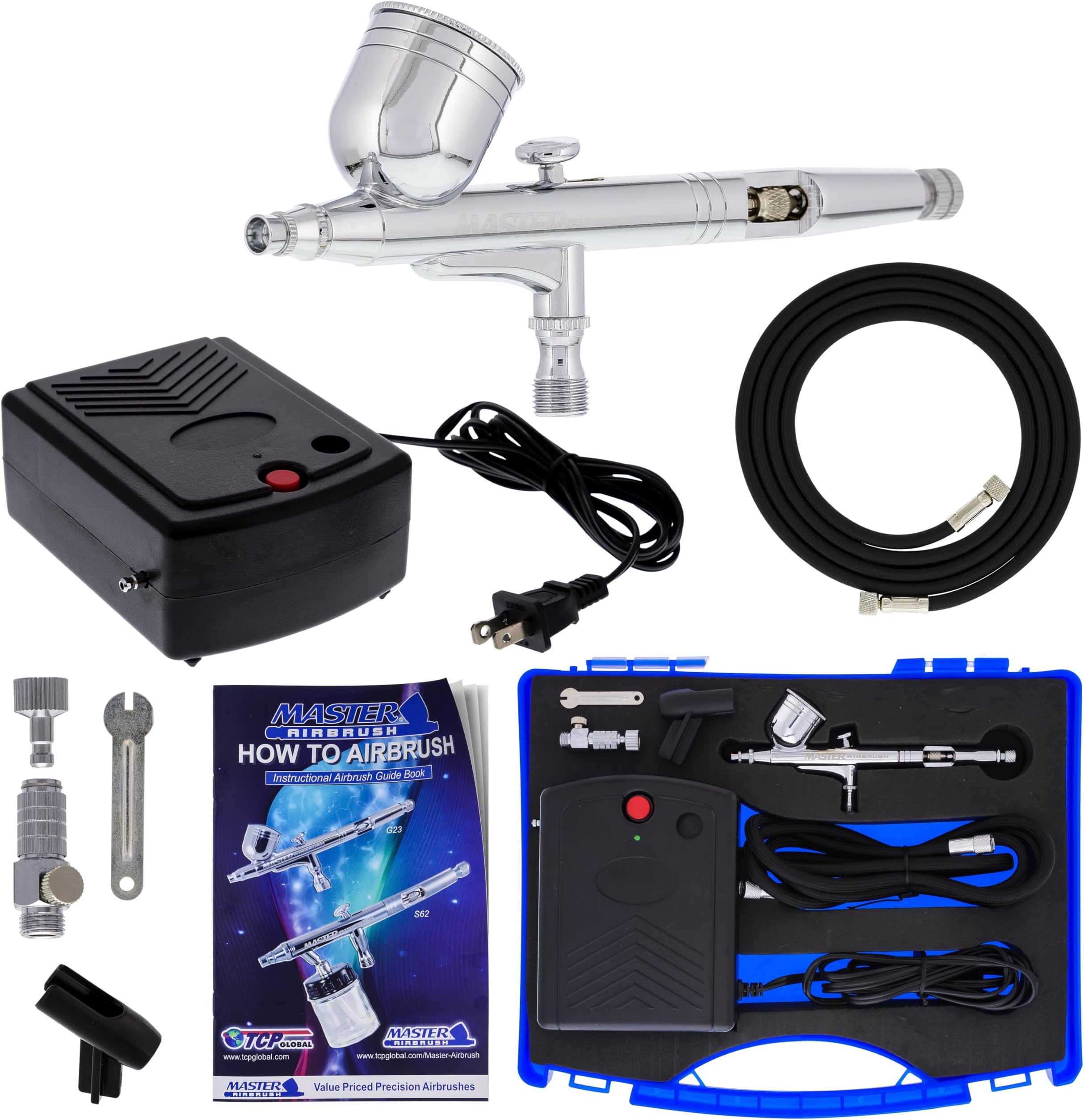 Master Airbrush Cake Airbrush Decorating Kit with Dual-Action Air Brush with 1/3oz. Cup and 0.3mm Tip, Mini Compressor, Hose, Storage Case and How-to-Airbrush ARC Link Card