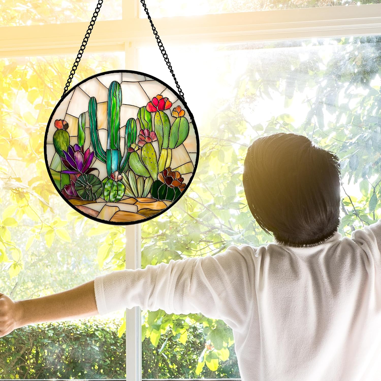 Desert Cactus Stained Glass Window Hanging Suncatcher Gift for Women 12" image 4