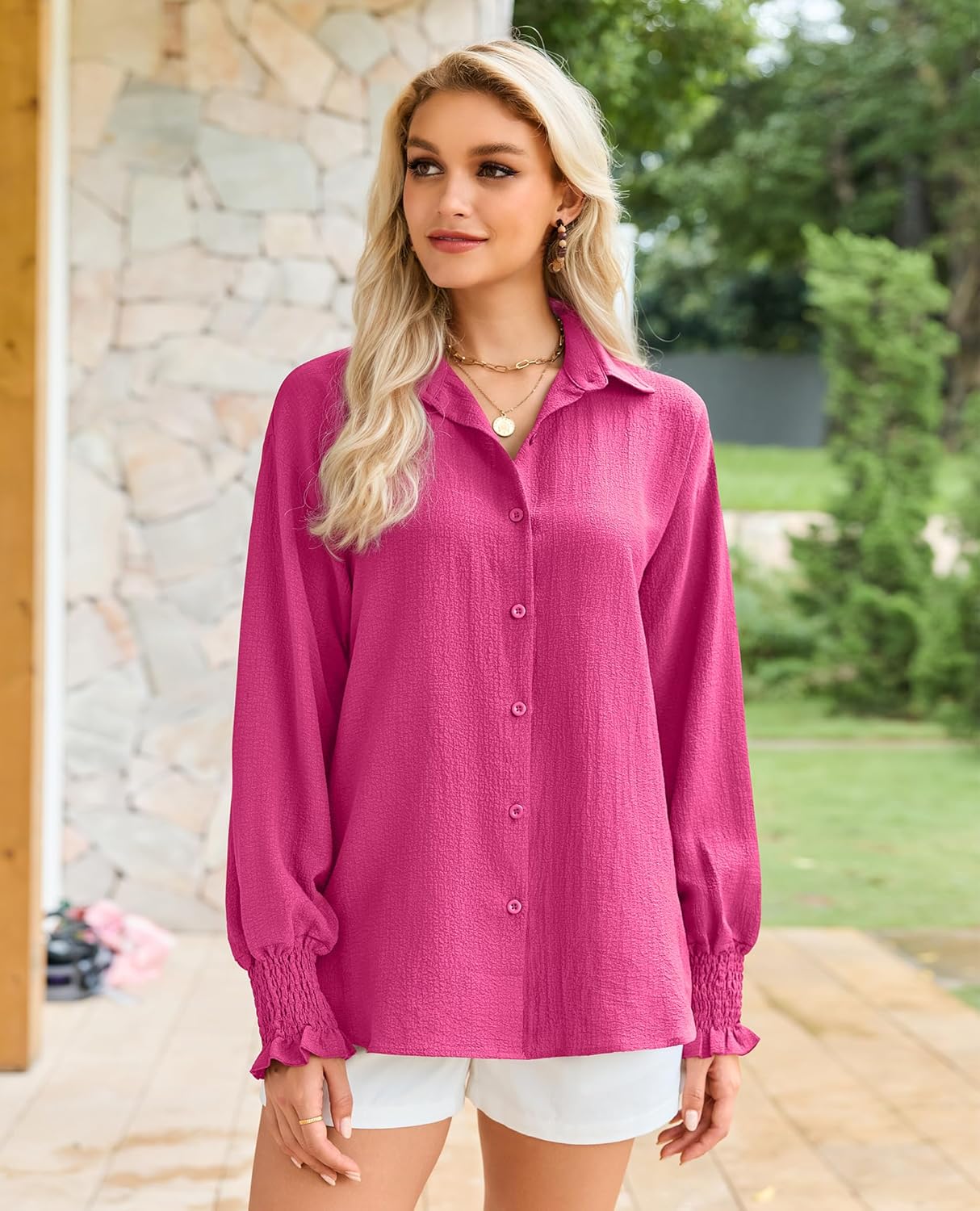 siliteelon Button Down Striped Shirts for Women Smocked Cuffed Long Sleeve Oversized Boyfriend Blouses Collared Work Tops - Image 4