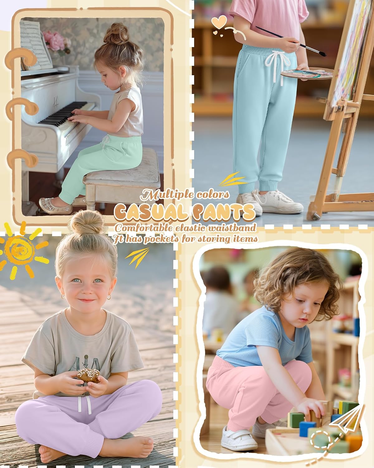 Oakgarden 4 Pack Girls and Toddler Sweatpants Kids Athletic Spring Joggers Girls Summer Pull on Pants with Drawstring Pockets