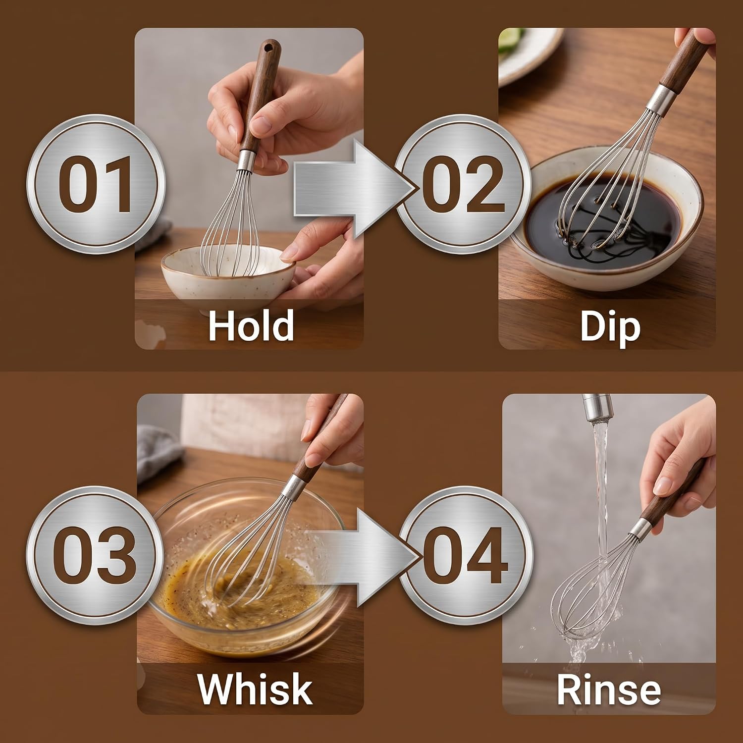 Mini Whisk 11.2 in, 304 Stainless Steel Balloon Head, Walnut Handle